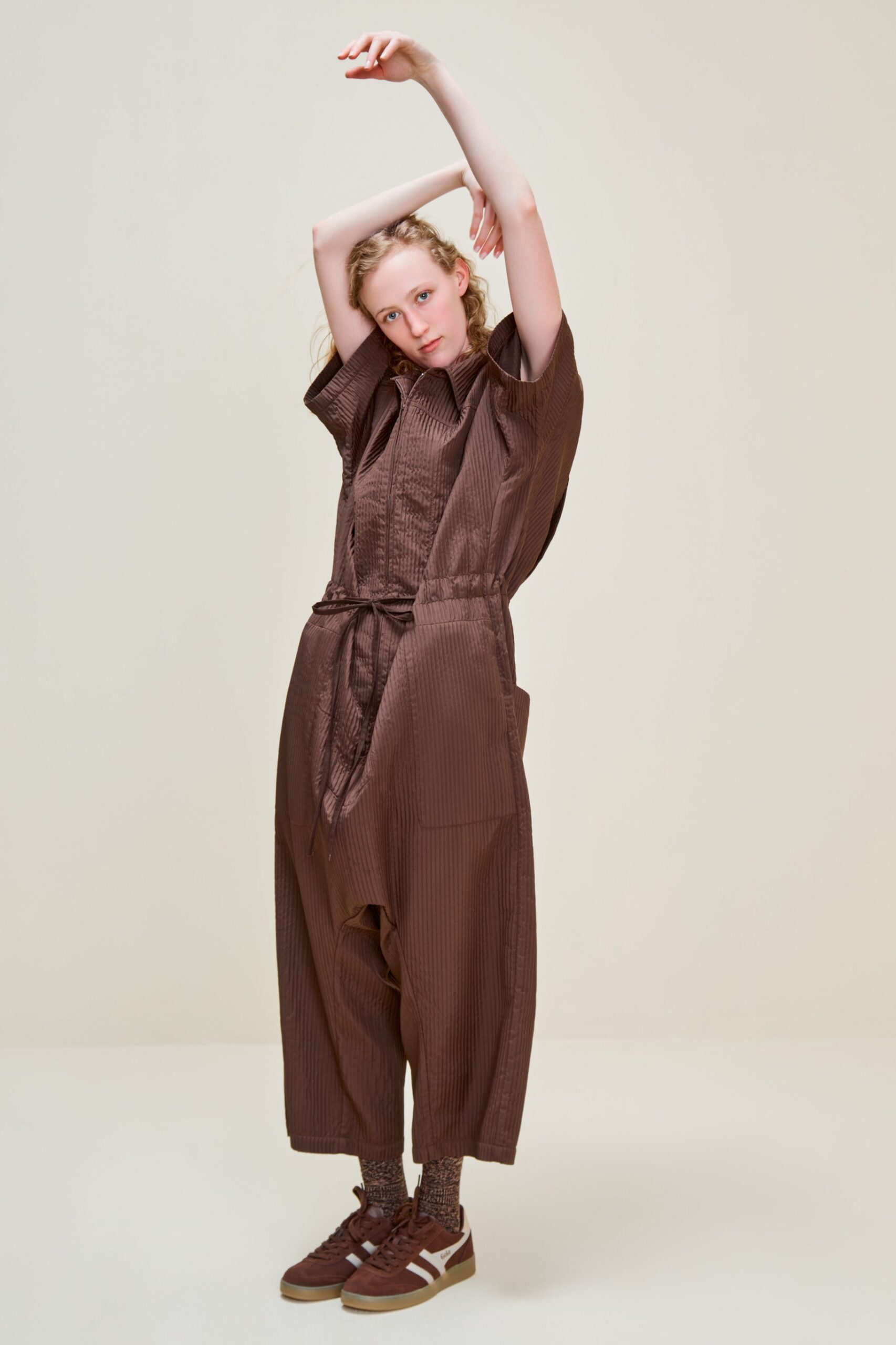 brown cotton short-sleeve collared relaxed pleated belted jumpsuit