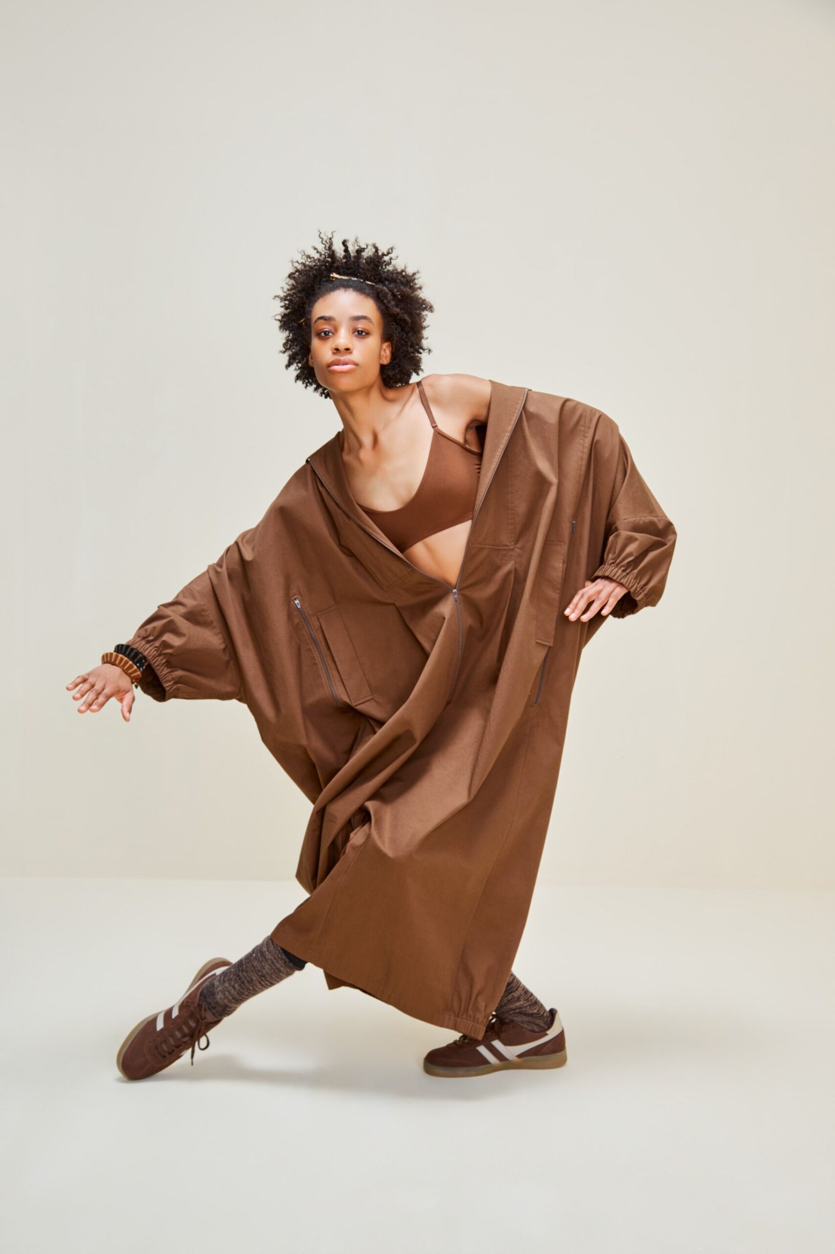 brown cotton long-sleeve v-neck oversized layered maxi dress