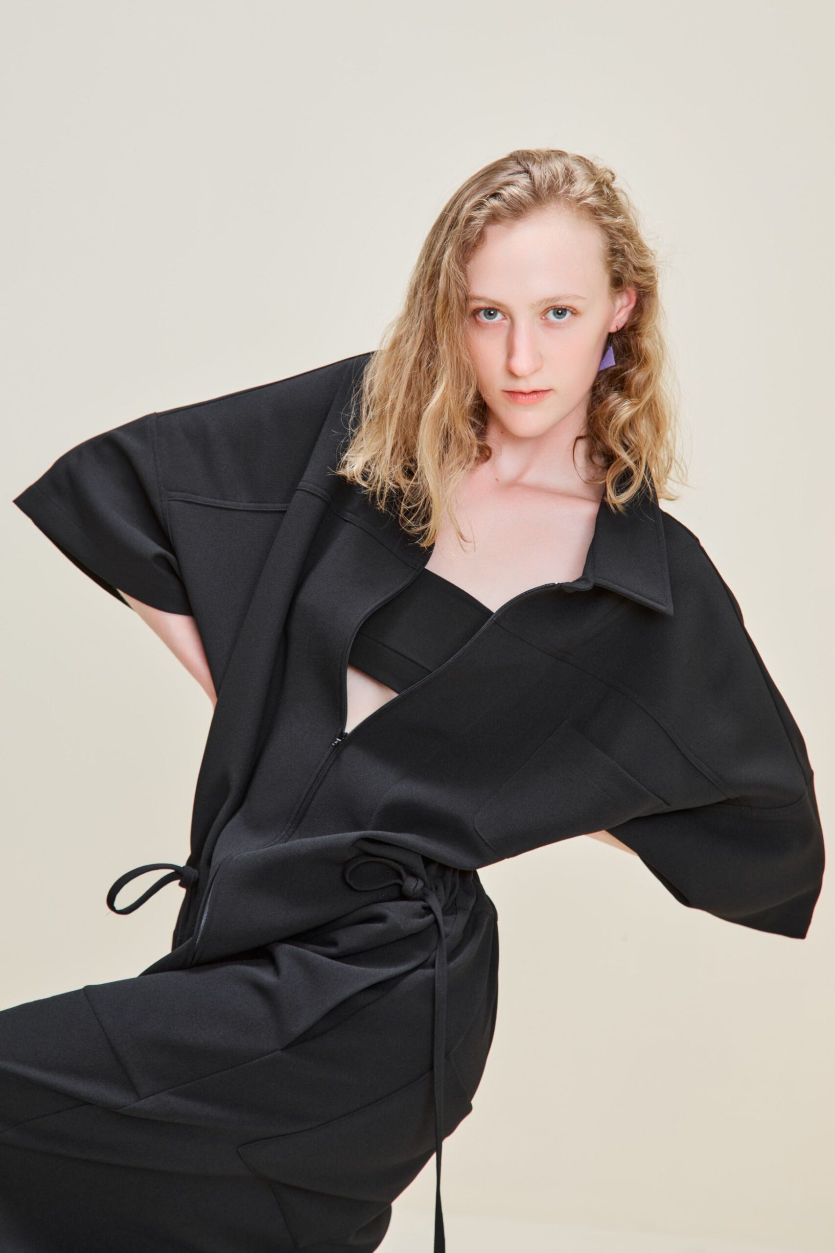 black cotton short-sleeve collared relaxed zippered layered jacket