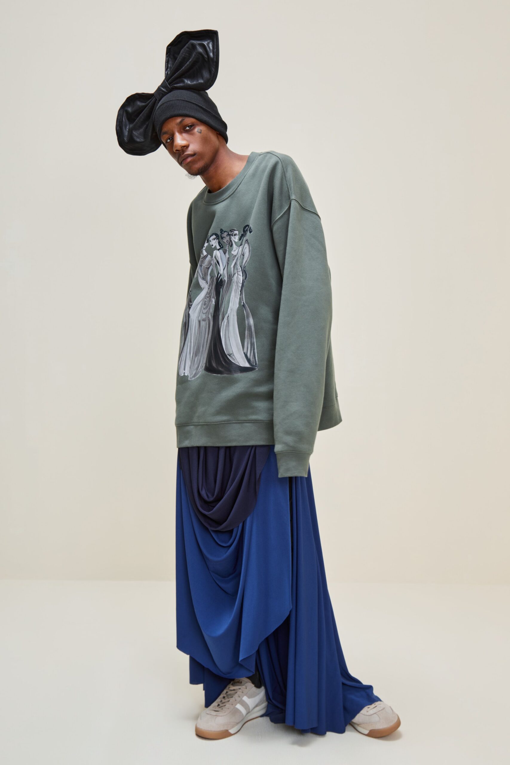 blue cotton asymmetric fitted draped skirt