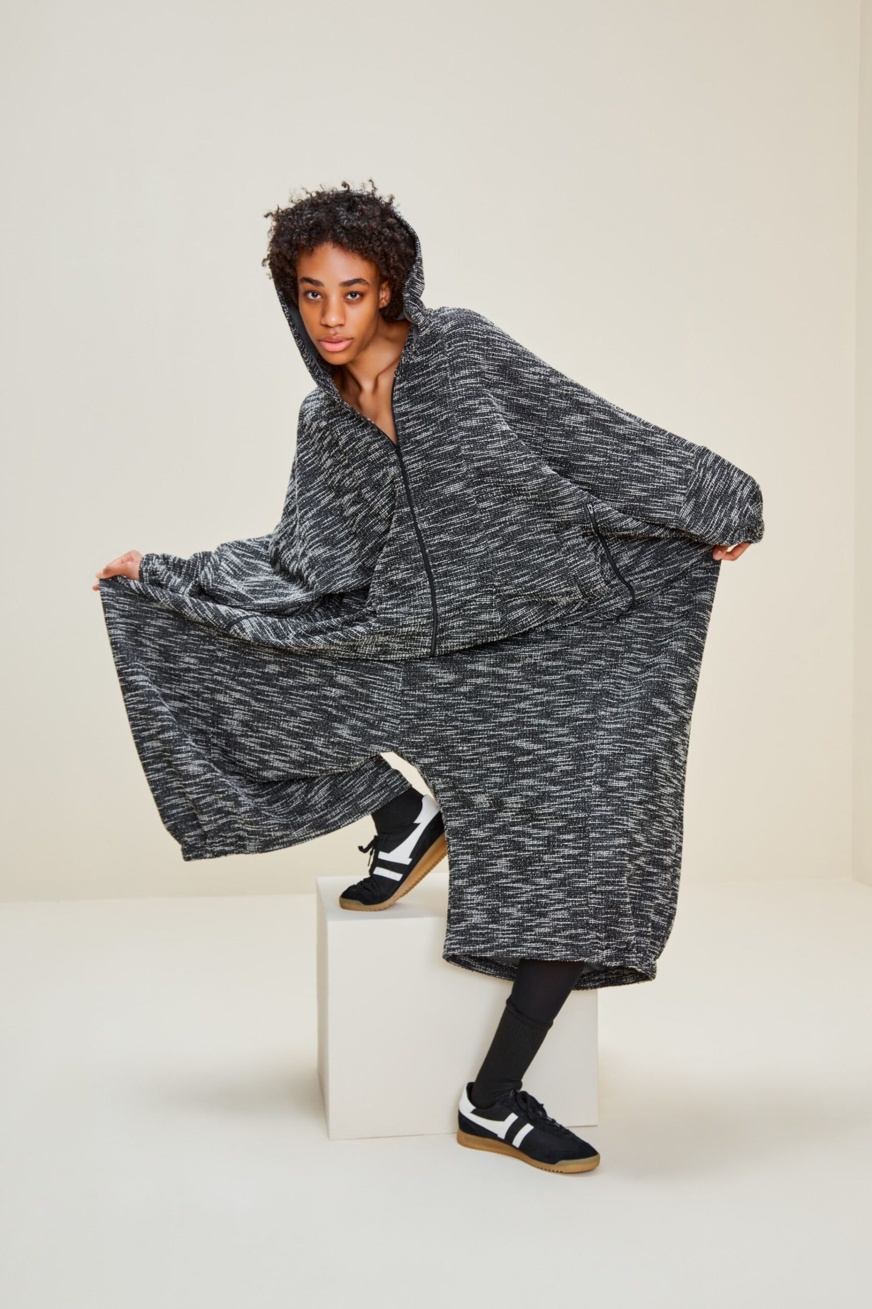 black cotton hooded long-sleeve oversized layered jumpsuit