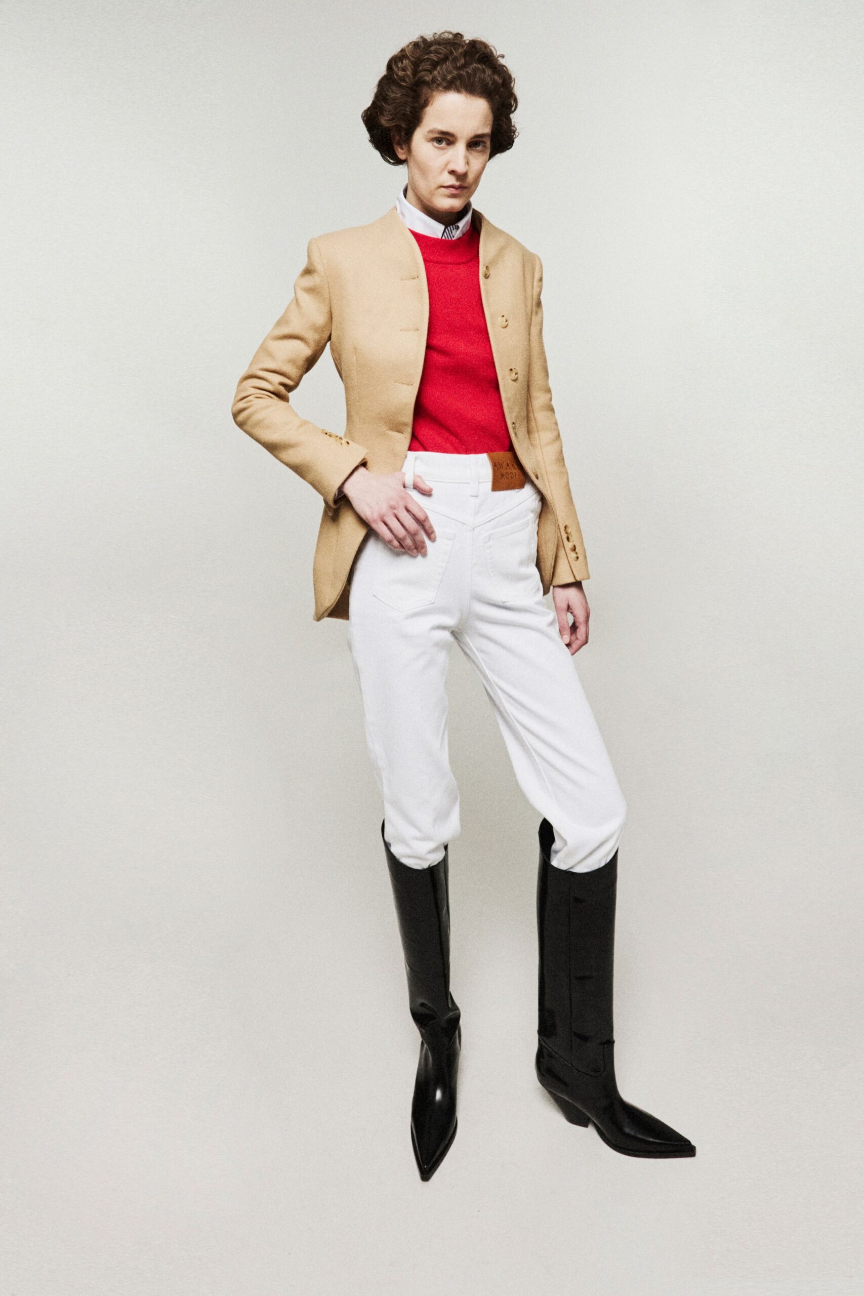 beige long-sleeve collared tailored buttoned blazer