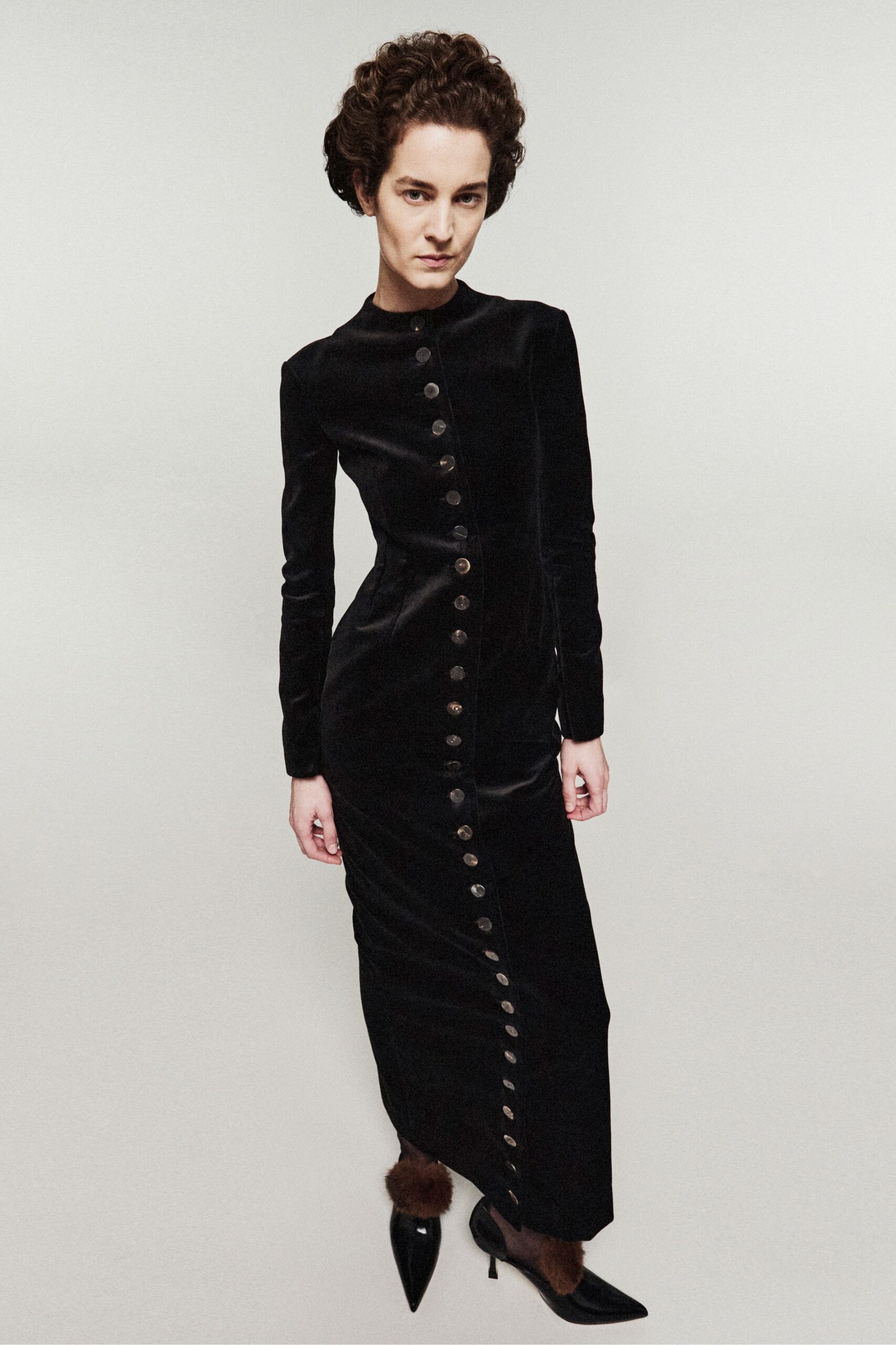 black velvet long-sleeve collared fitted buttoned midi dress