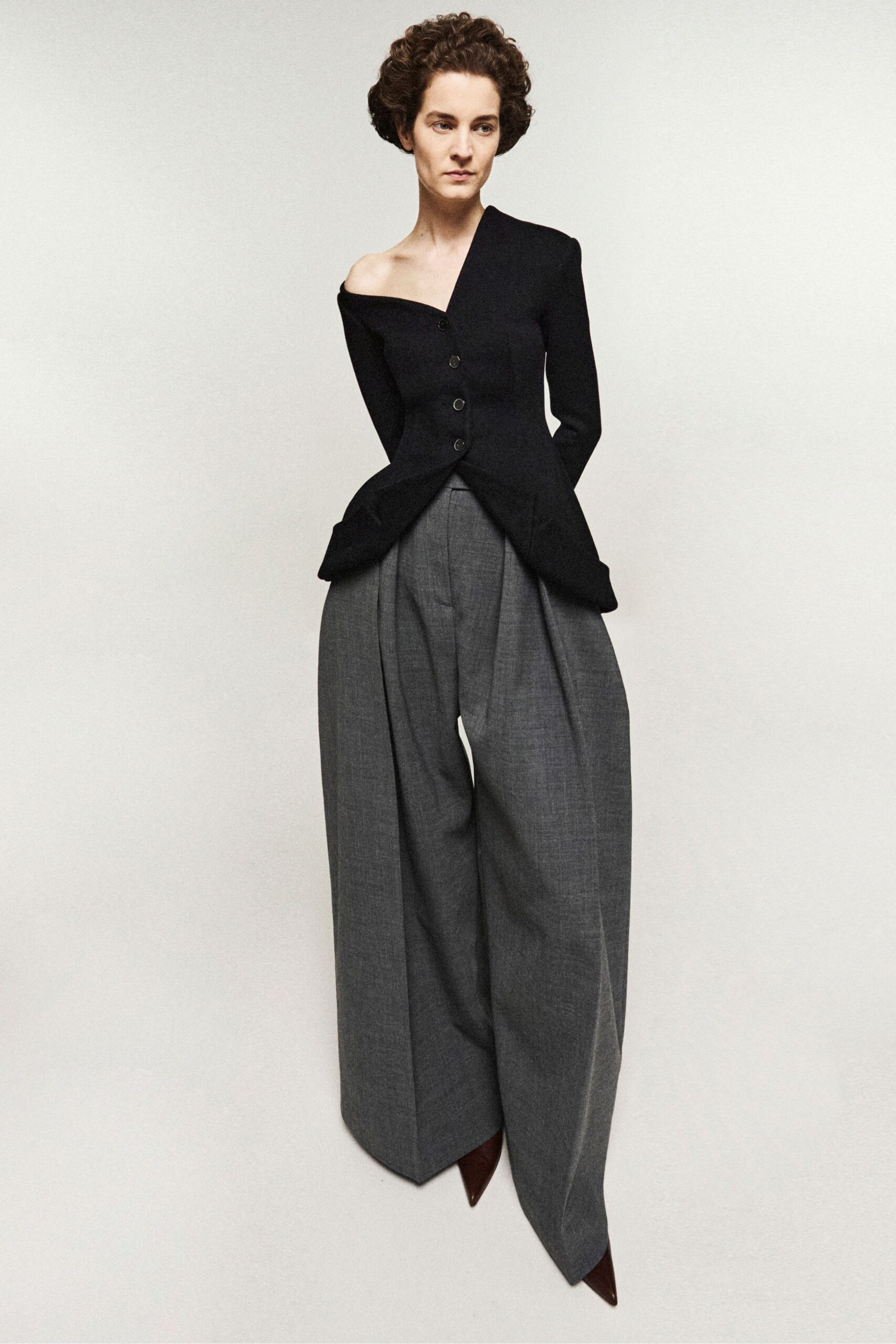 black wool long-sleeve off-shoulder structured buttoned blazer
