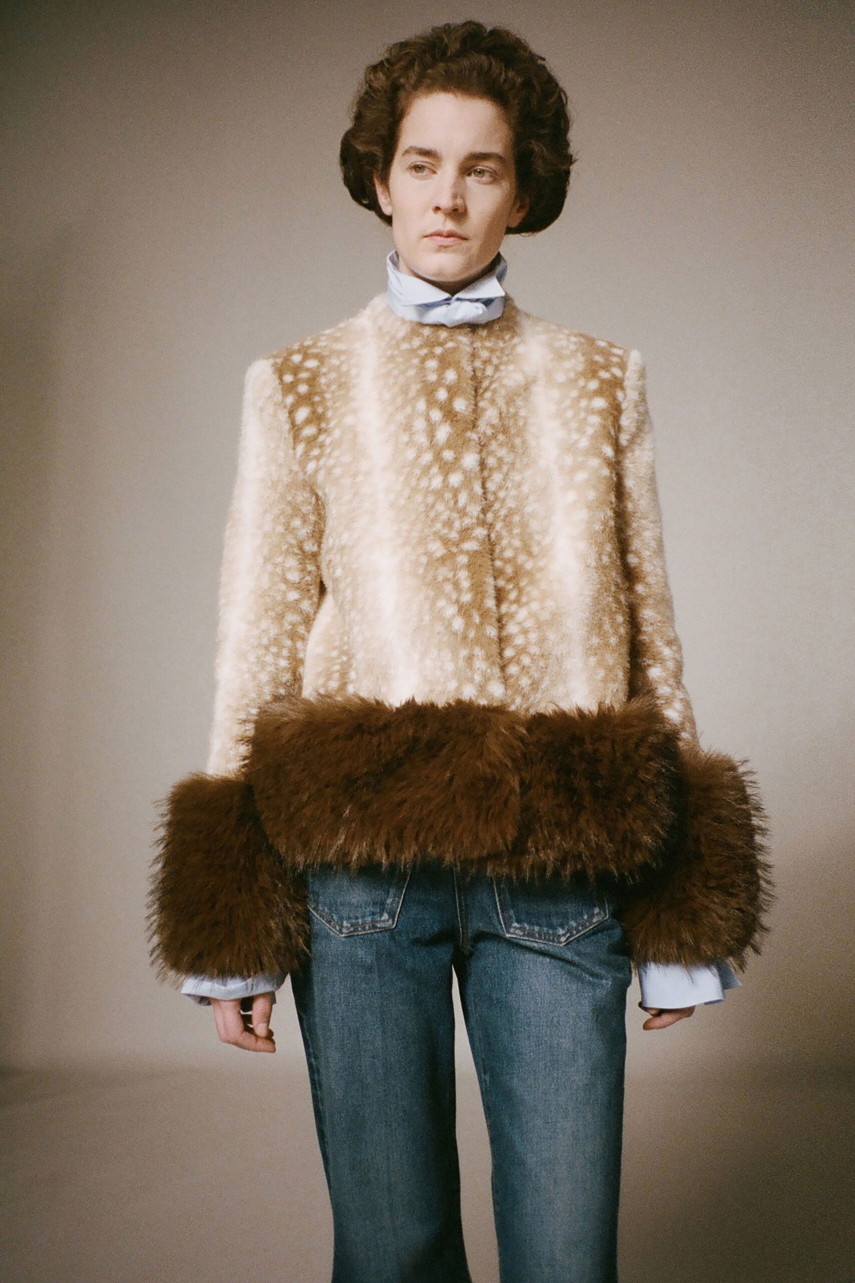 beige fur long-sleeve relaxed layered jacket