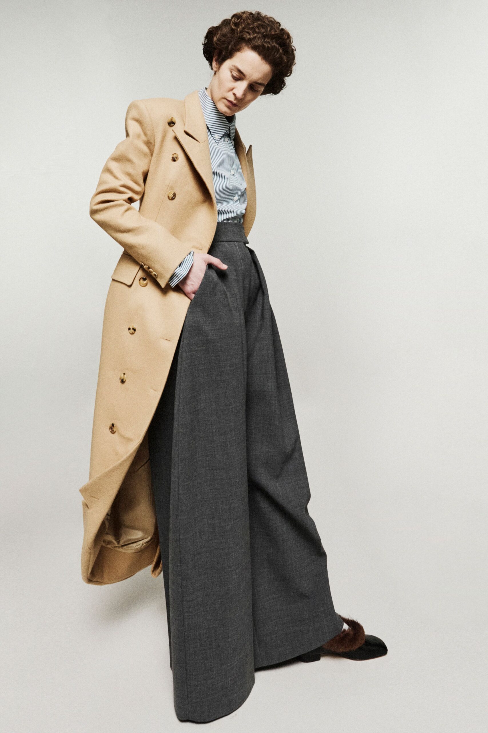 beige wool long-sleeve collared structured buttoned coat