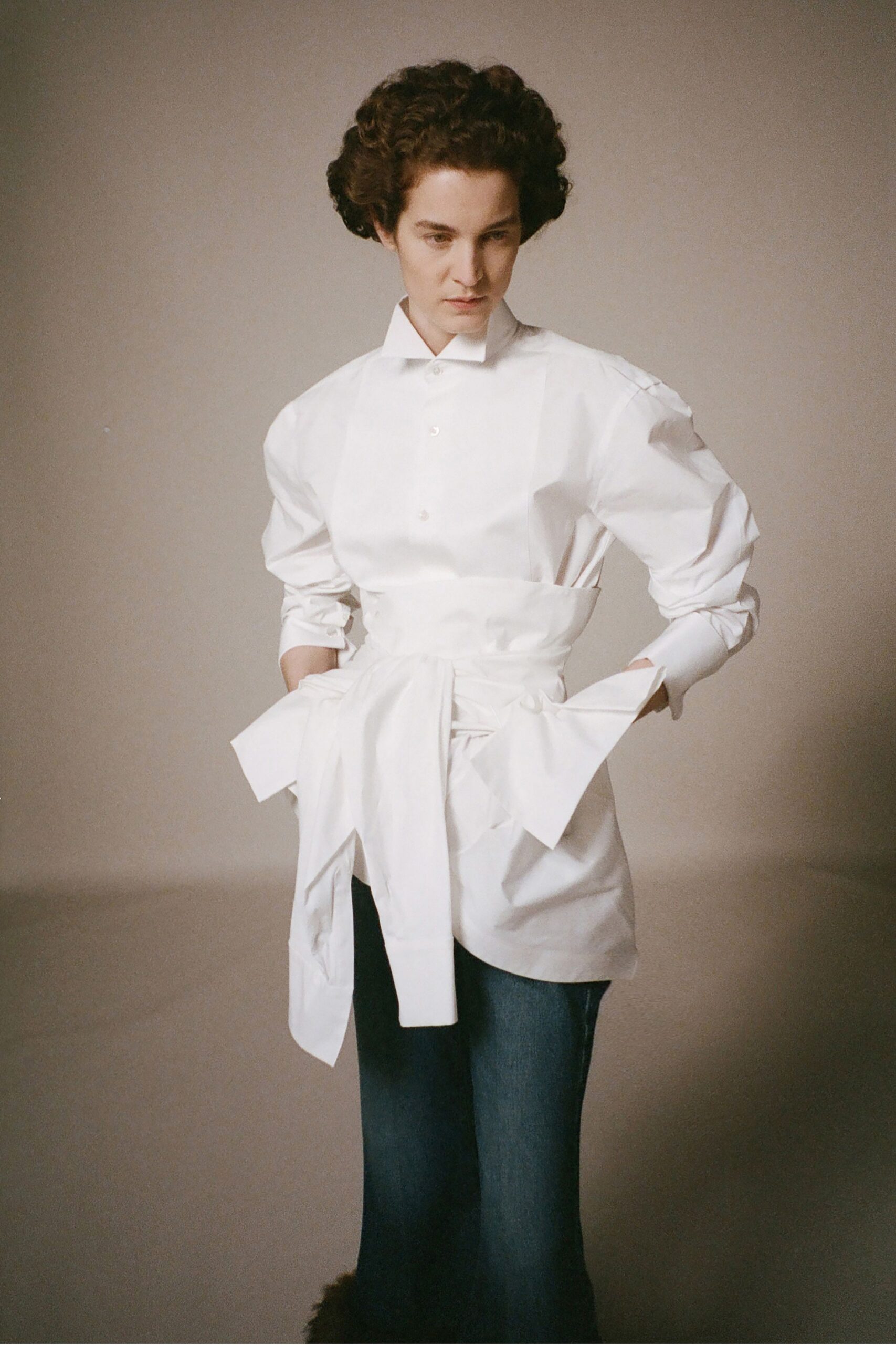 white cotton long-sleeve collared relaxed buttoned layered shirt