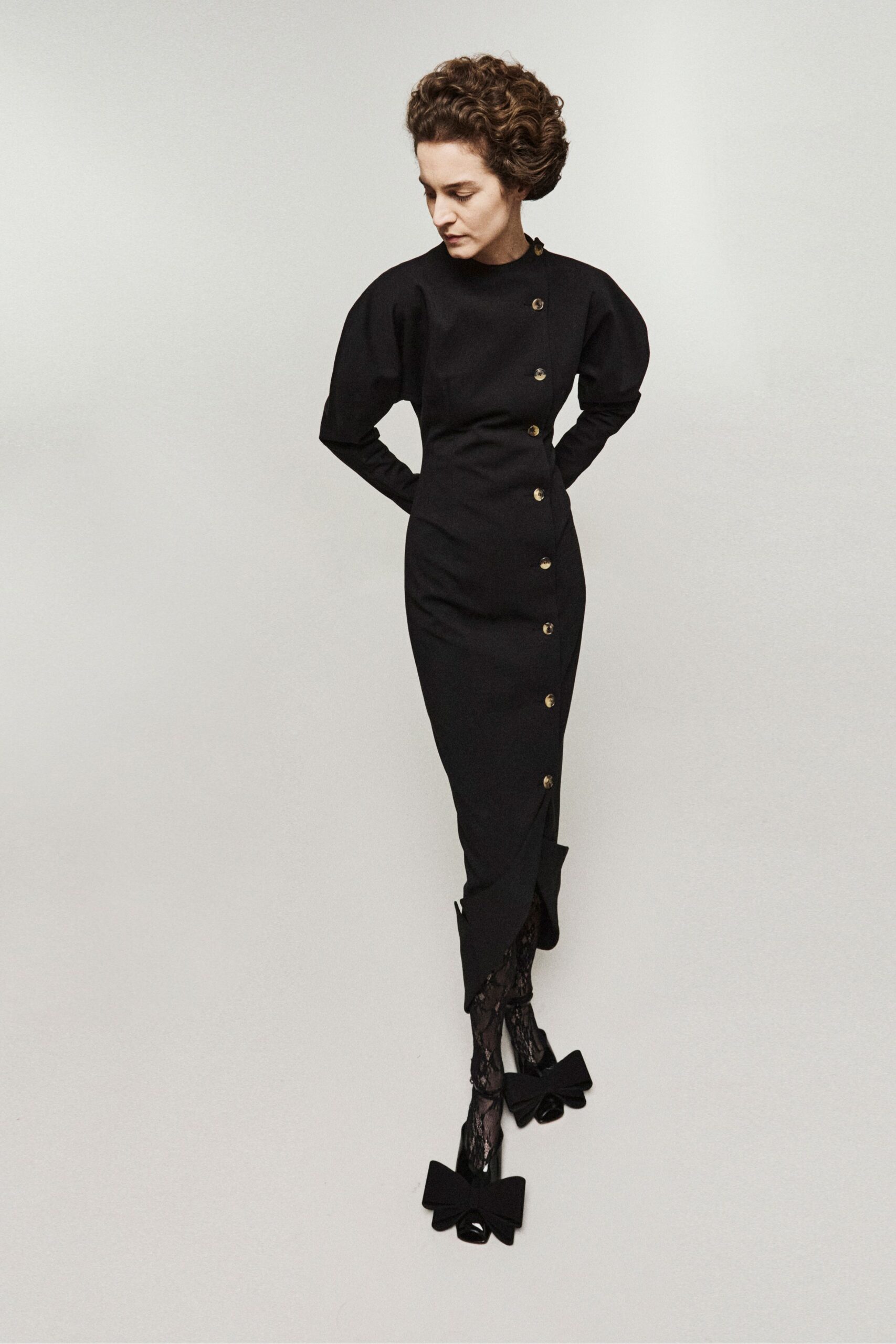 black cotton long-sleeve collared fitted buttoned pencil dress