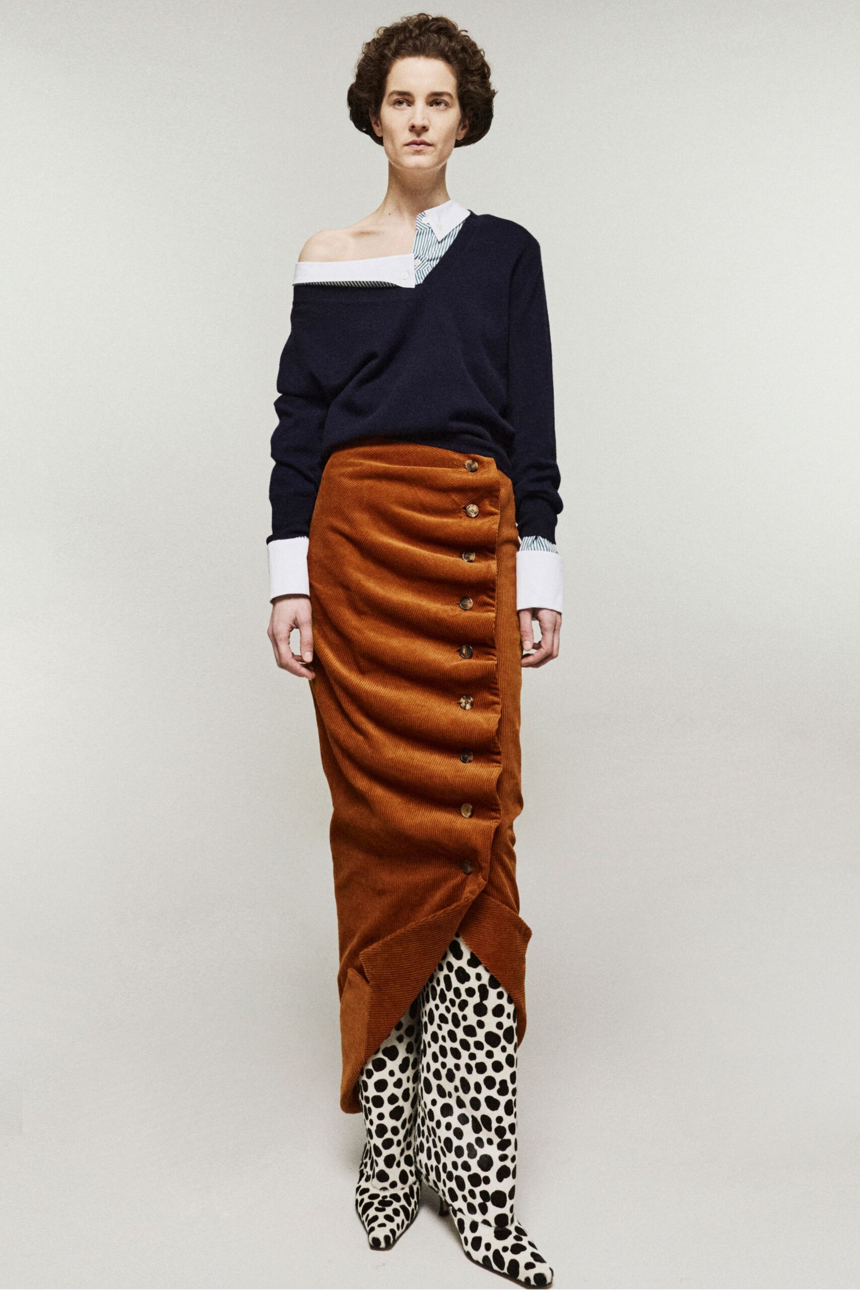 brown cotton asymmetric fitted pleated buttoned midi skirt
