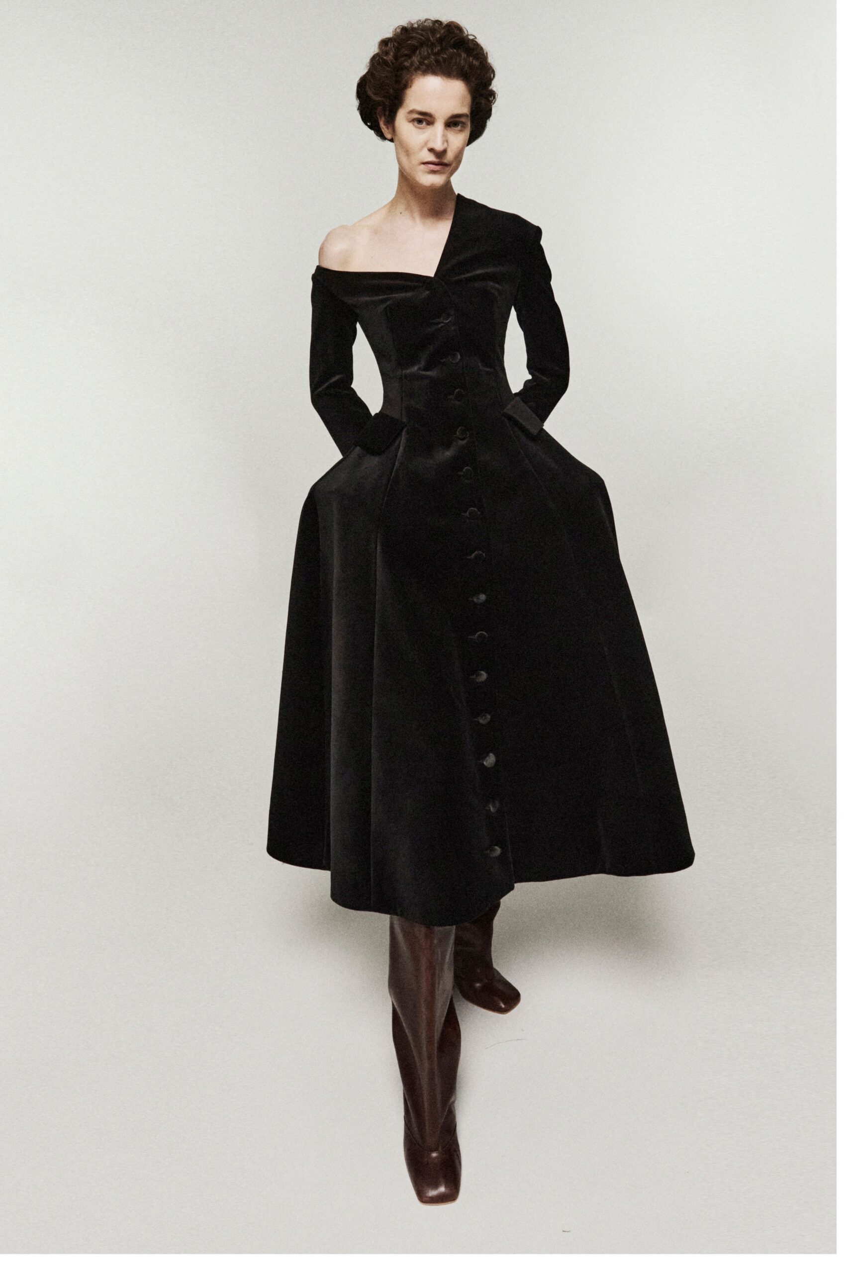 black velvet long-sleeve off-shoulder fitted buttoned a-line dress