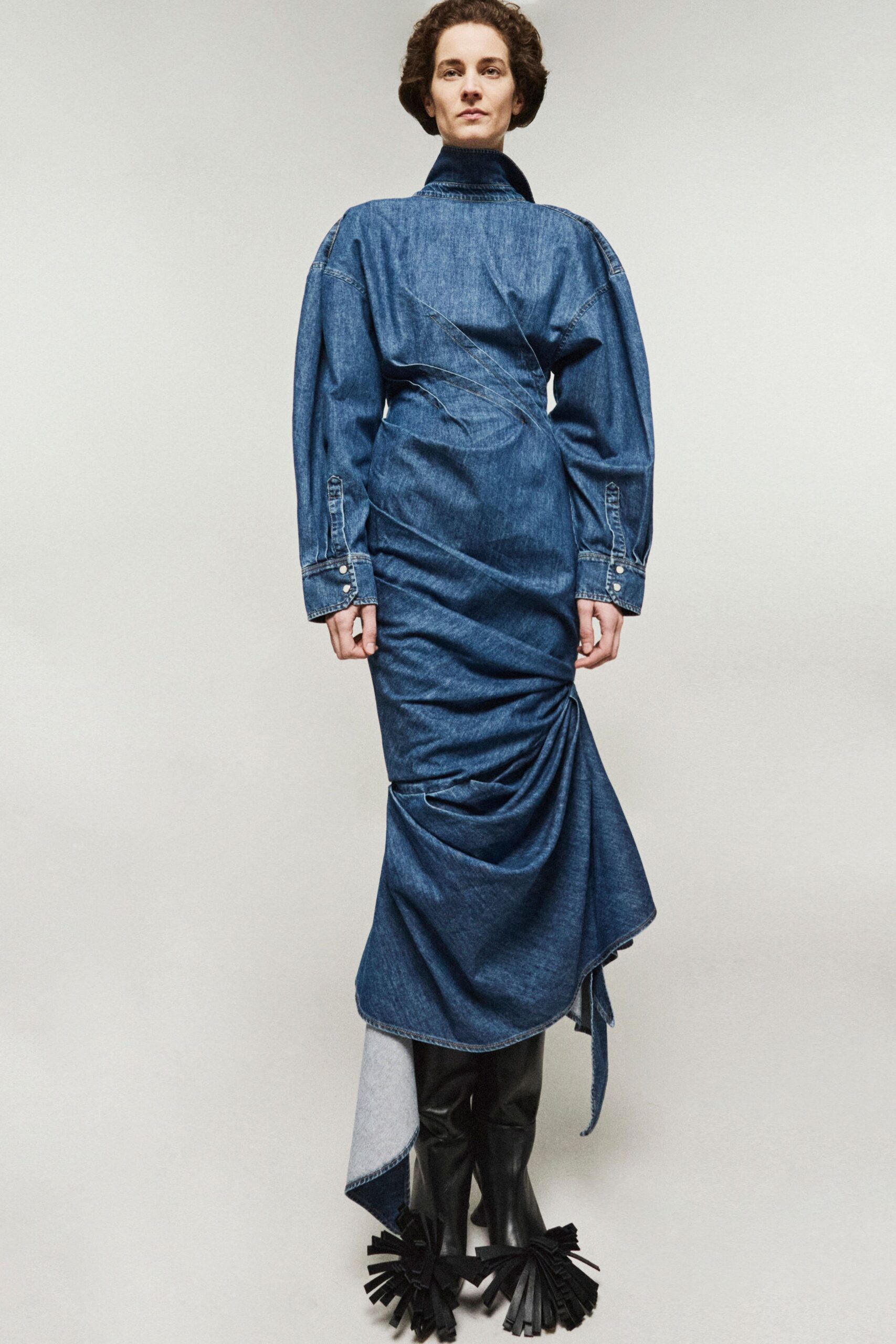 blue denim long-sleeve high-neck fitted ruched maxi dress
