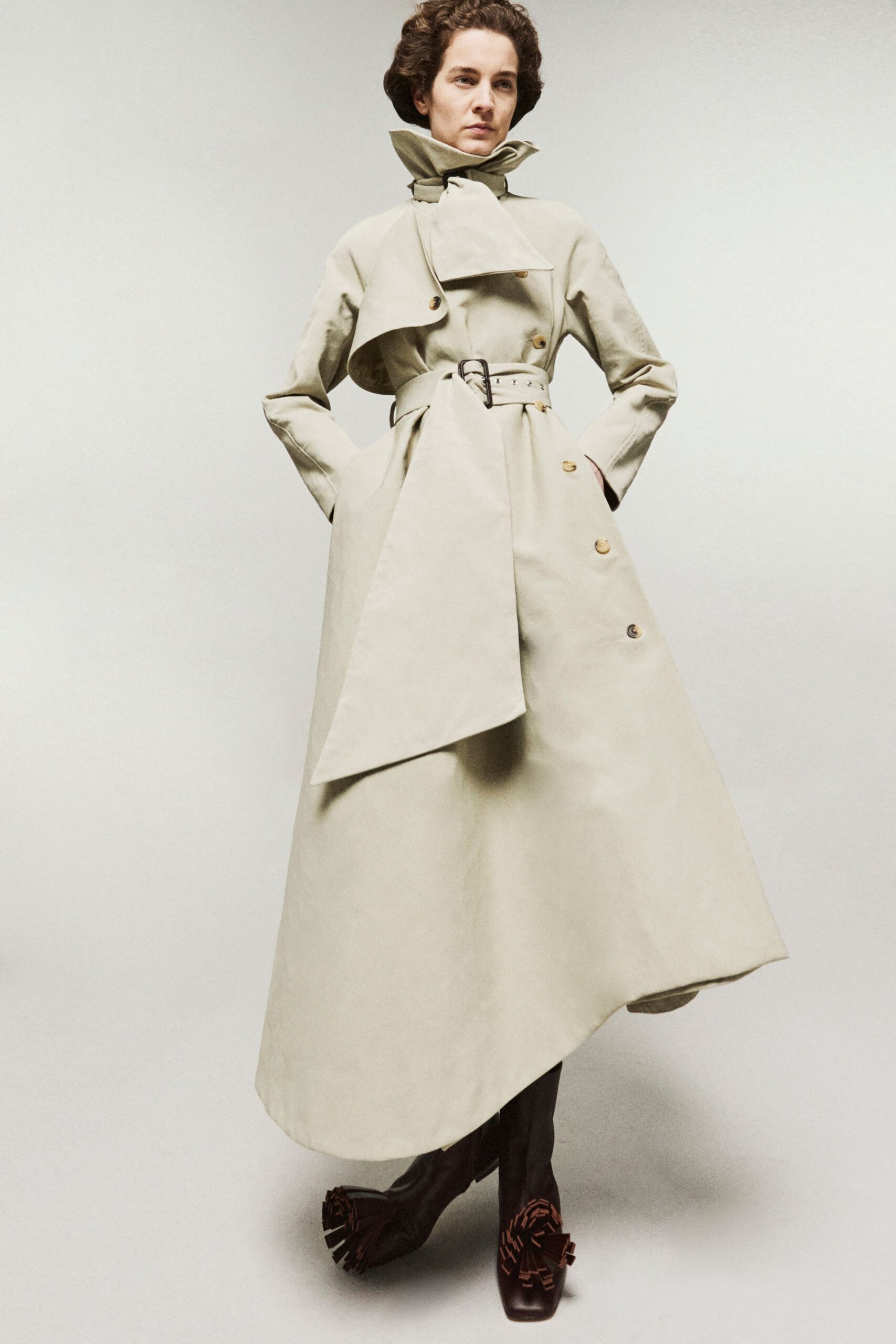beige cotton long-sleeve collared fitted belted maxi trench