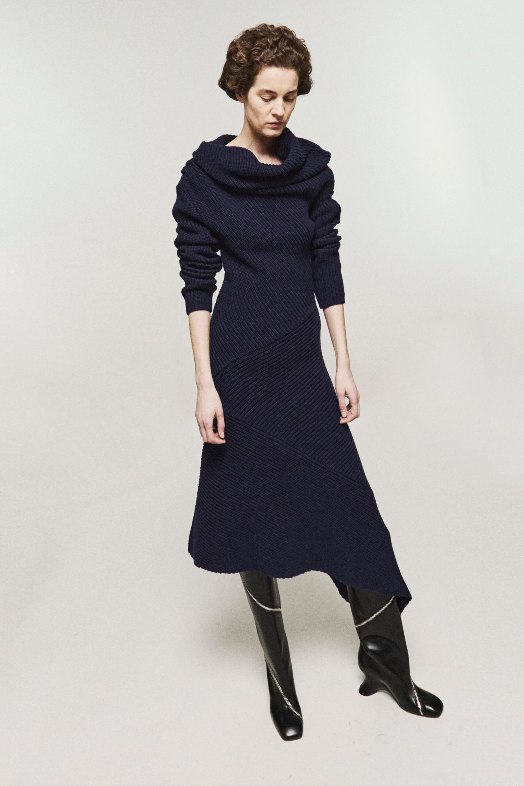 blue knit long-sleeve high-neck fitted textured midi dress