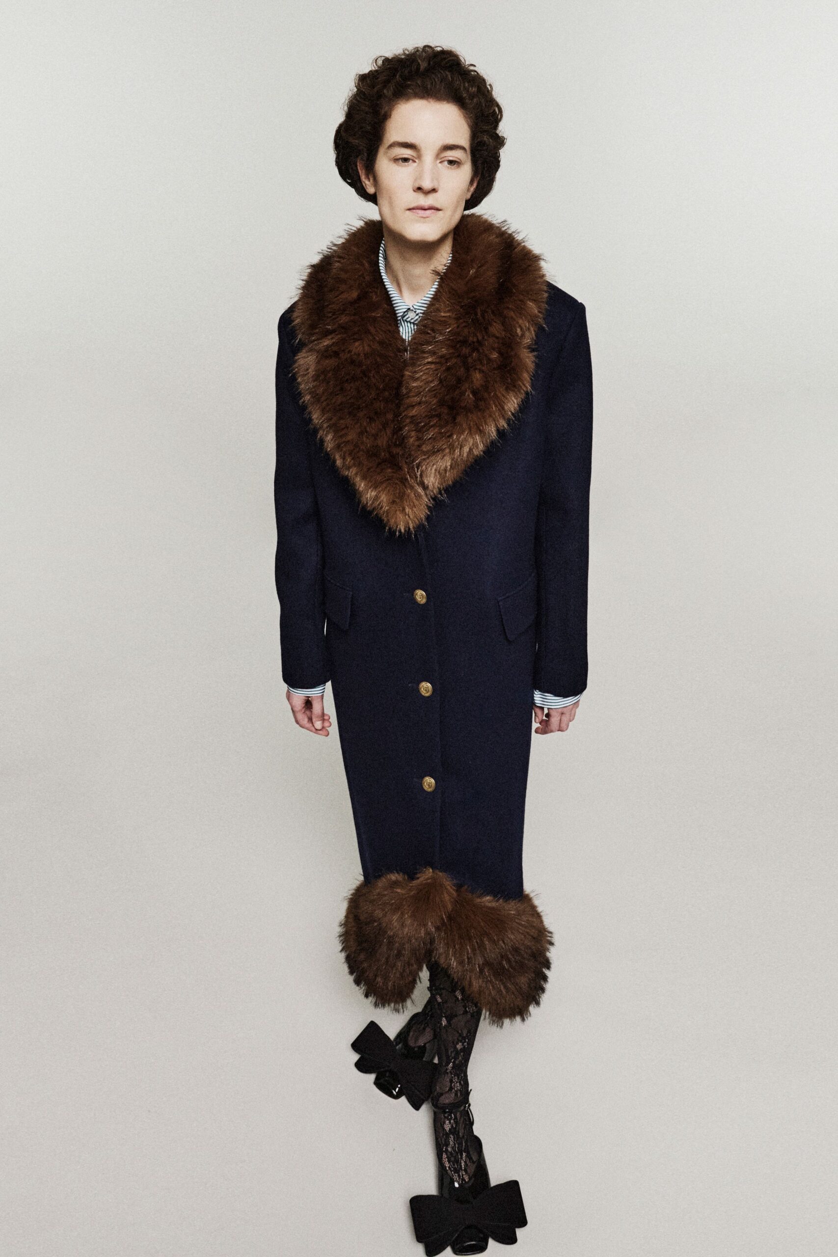blue wool long-sleeve collared structured buttoned coat