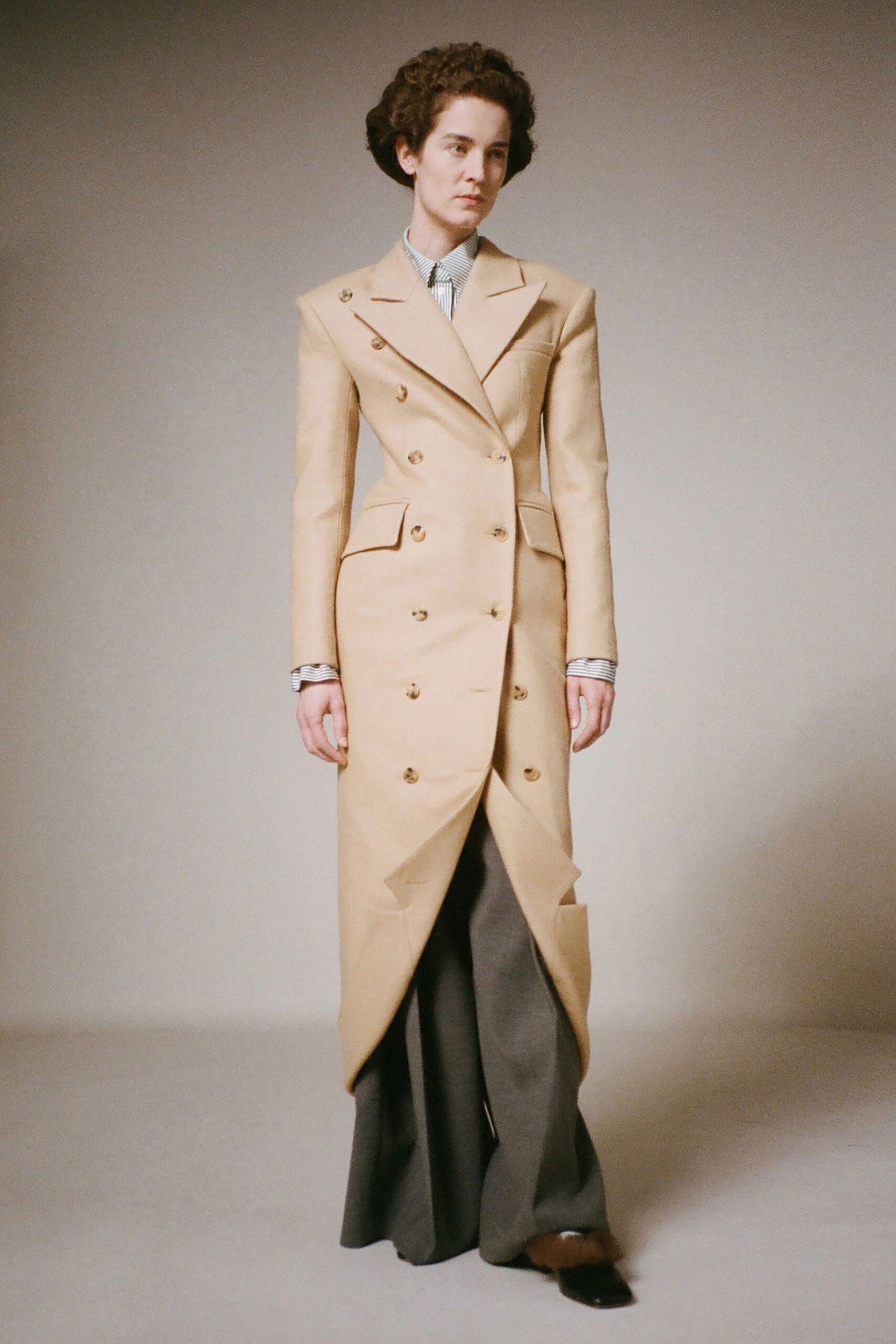 beige wool long-sleeve collared structured buttoned maxi coat