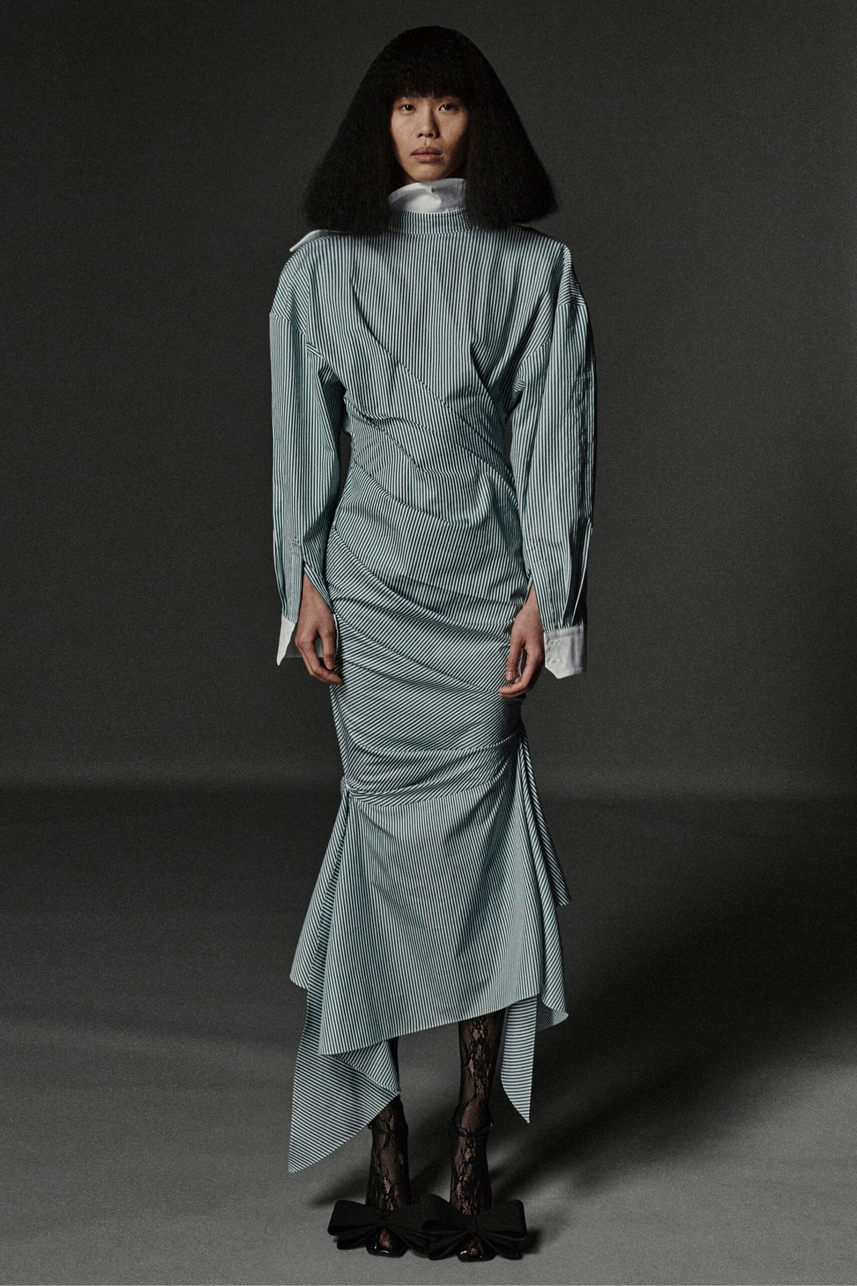 blue cotton long-sleeve high-neck fitted pleated midi dress