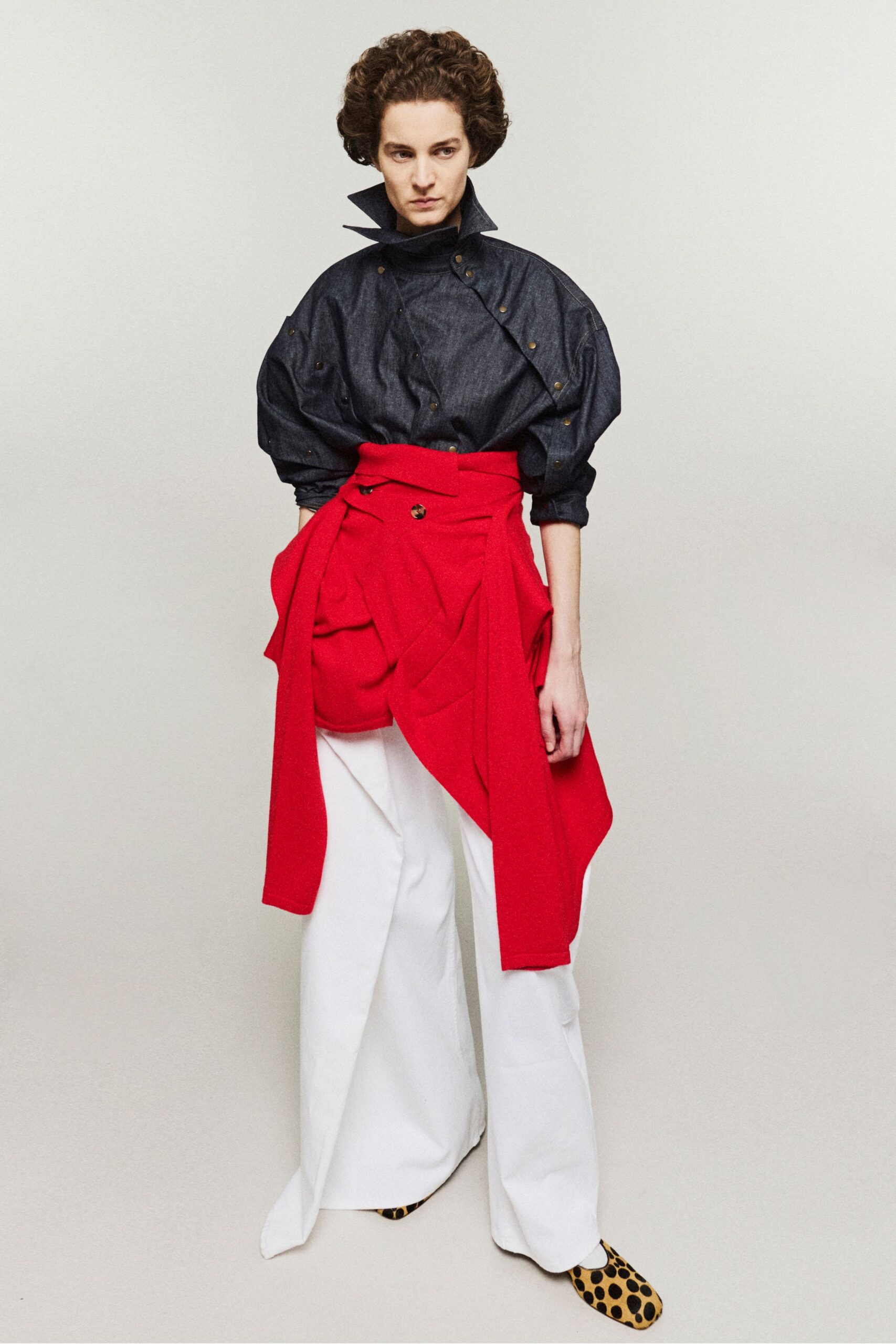 blue denim long-sleeve collared relaxed buttoned shirt
