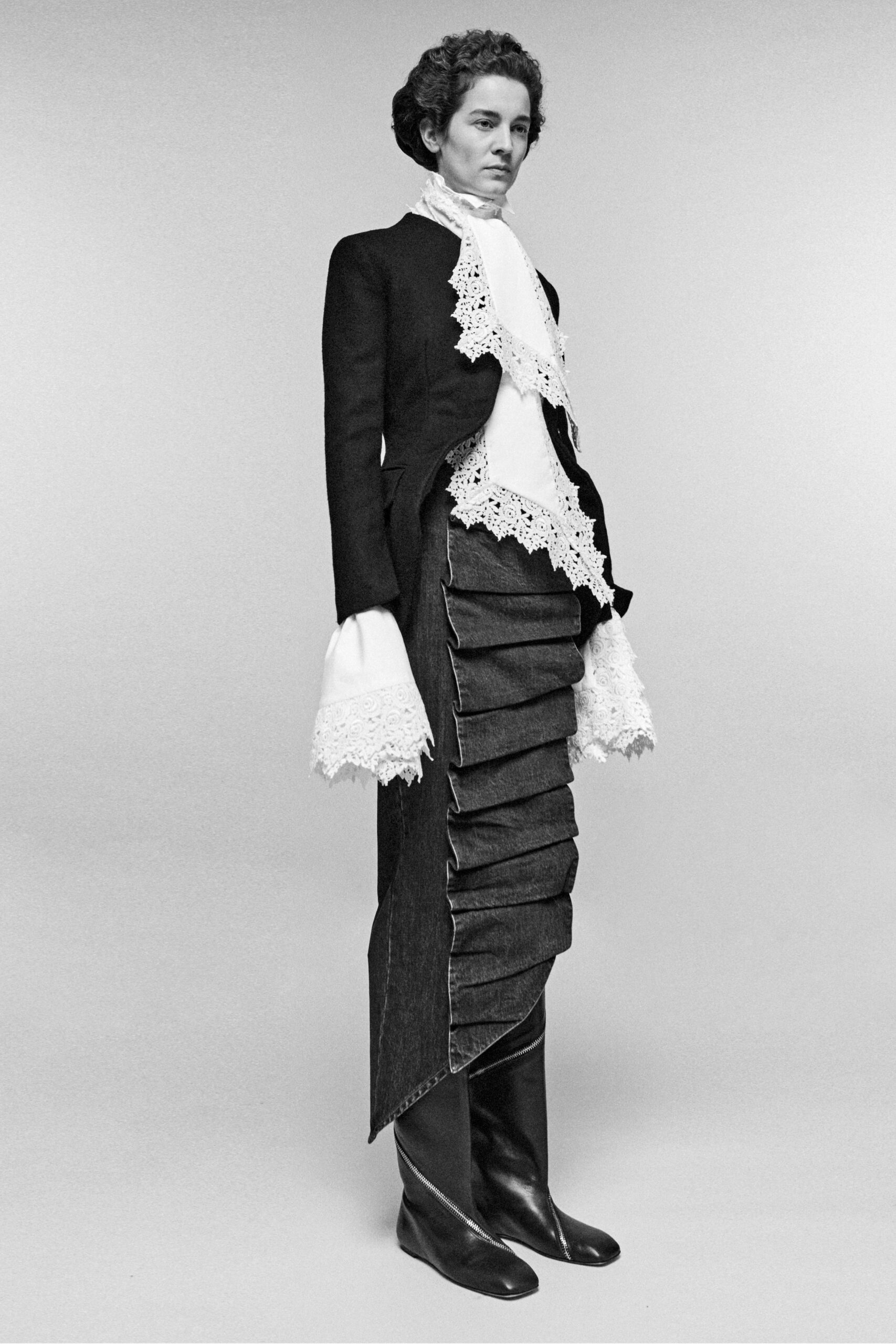 white cotton long-sleeve collared fitted ruffled shirt