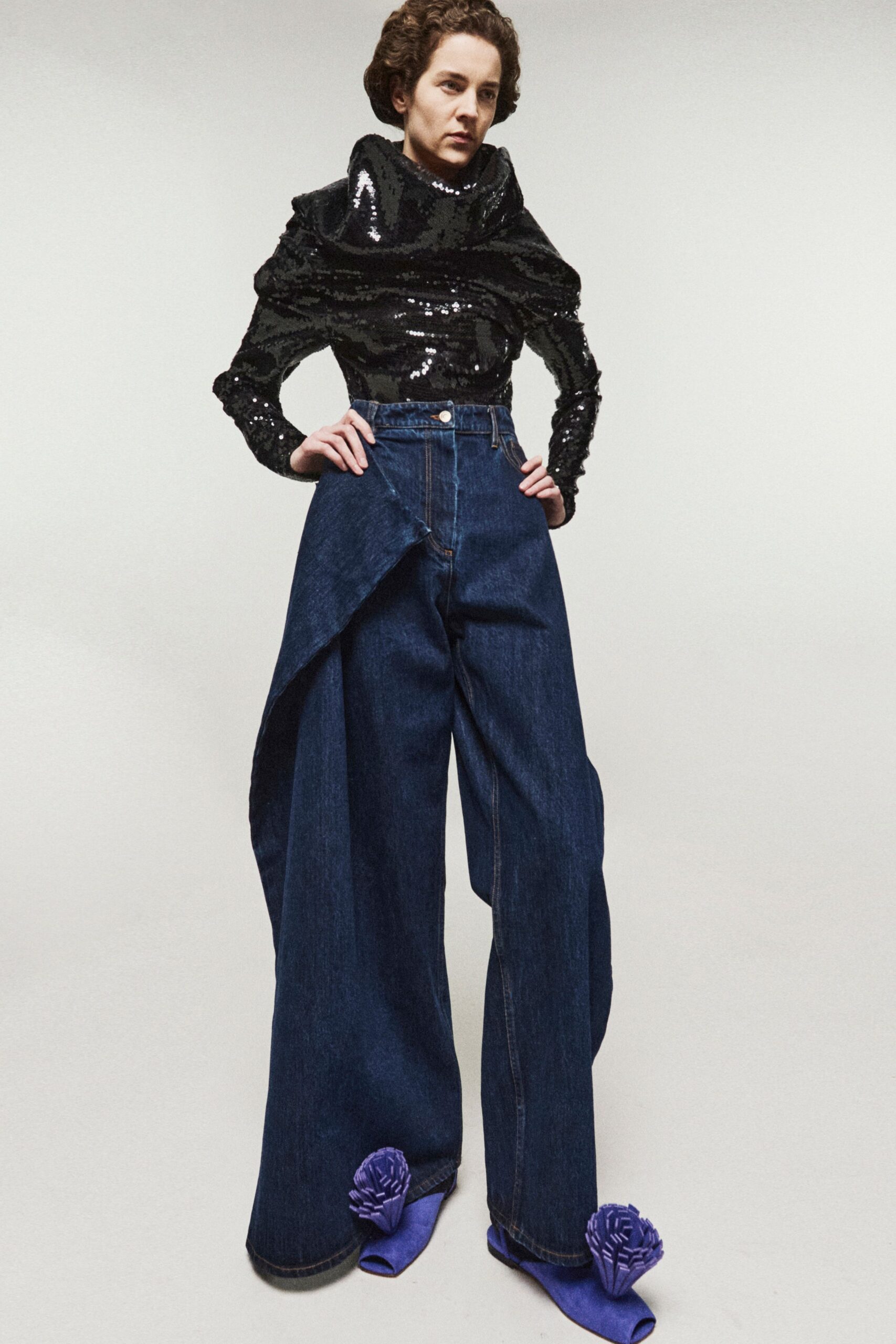 black sequin long-sleeve high-neck fitted ruffled shiny top