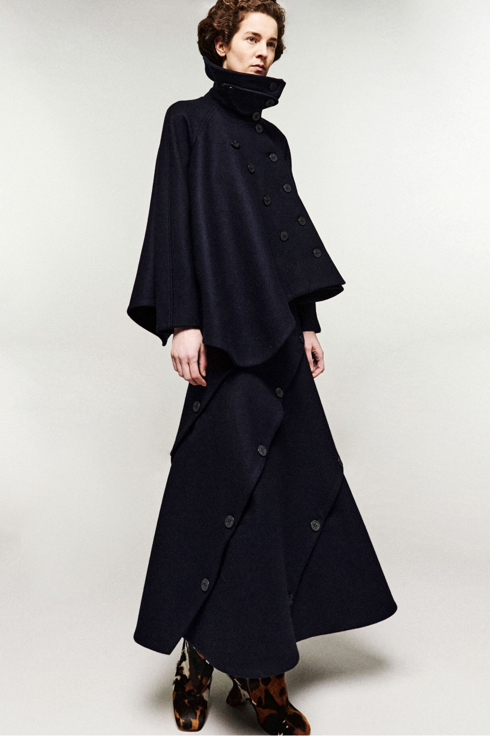 black wool asymmetric fitted buttoned maxi skirt