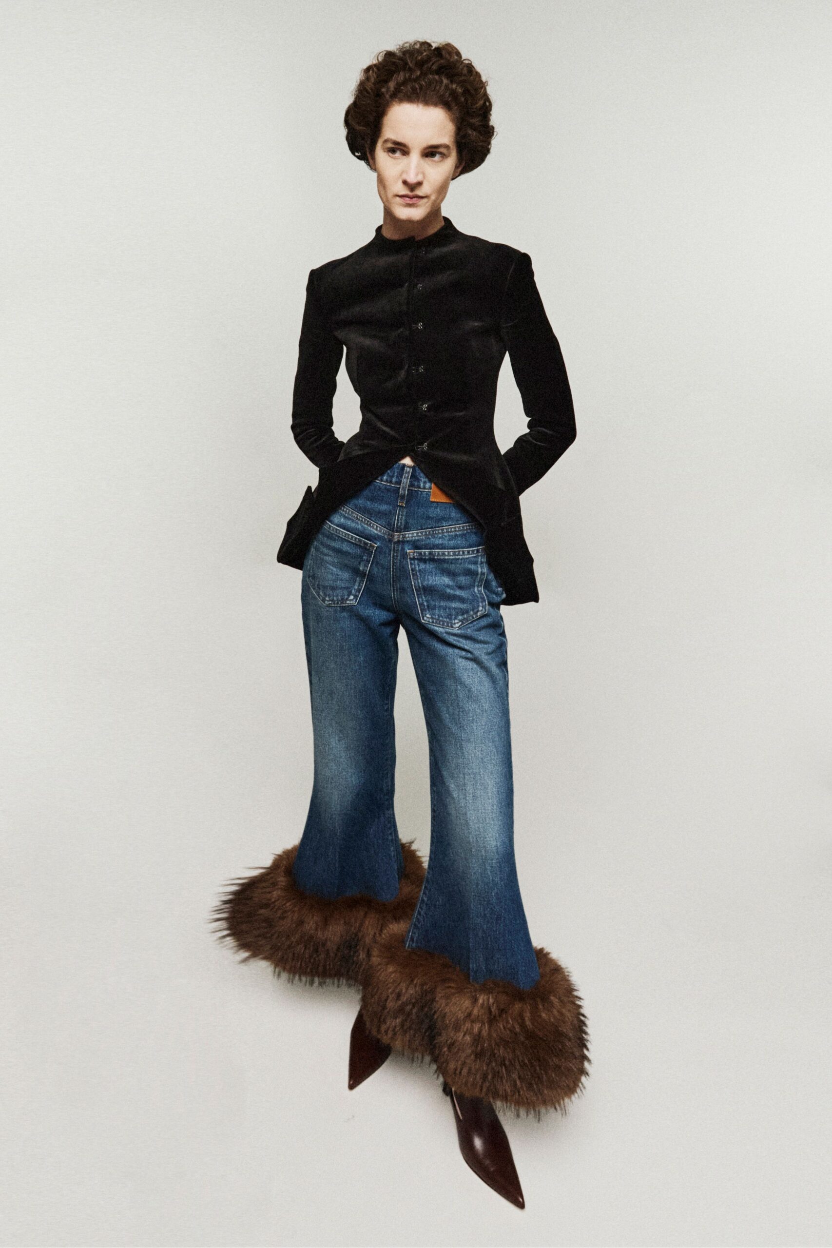 blue denim fitted flared jeans
