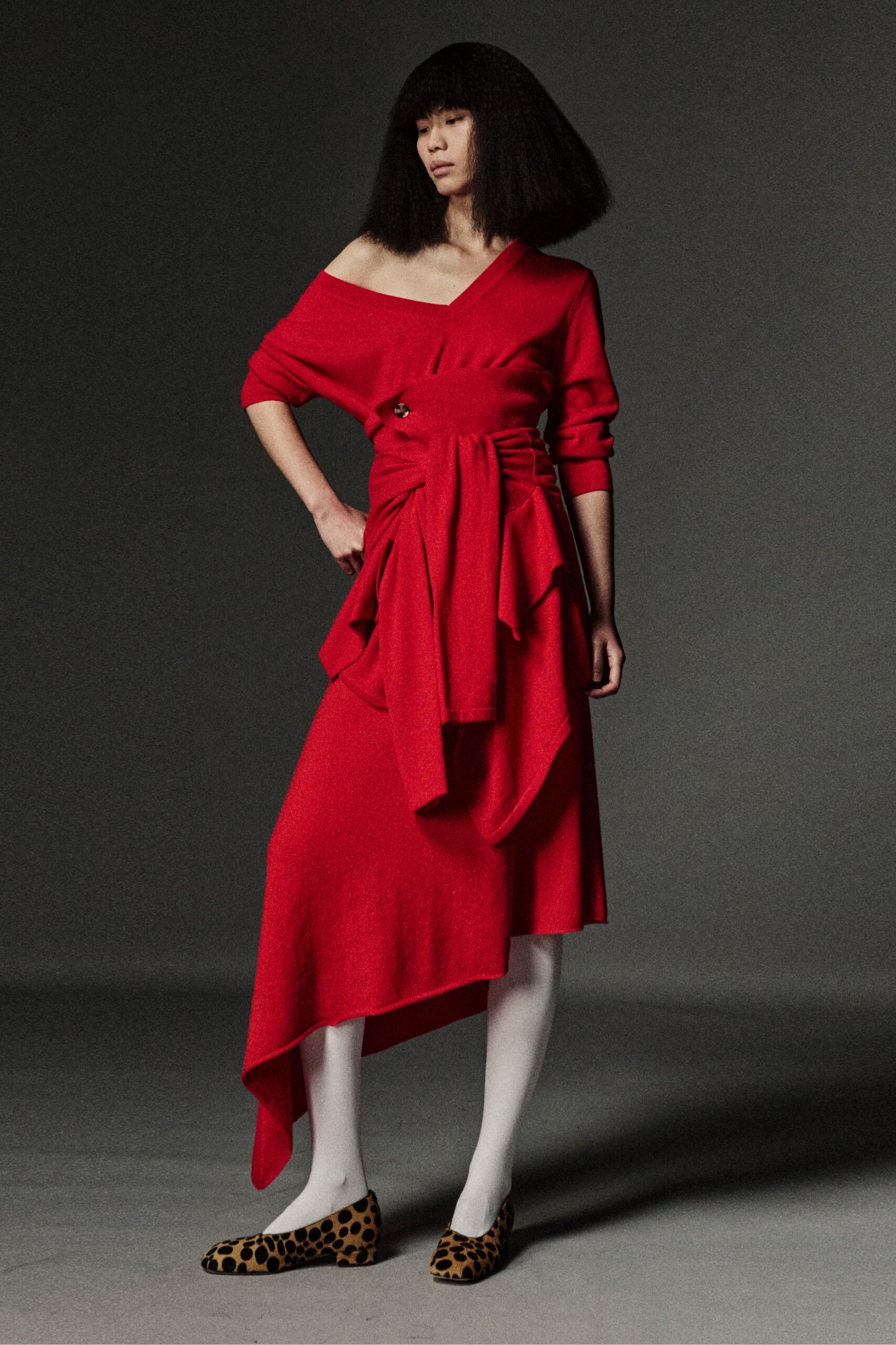 red wool long-sleeve off-shoulder relaxed draped midi dress