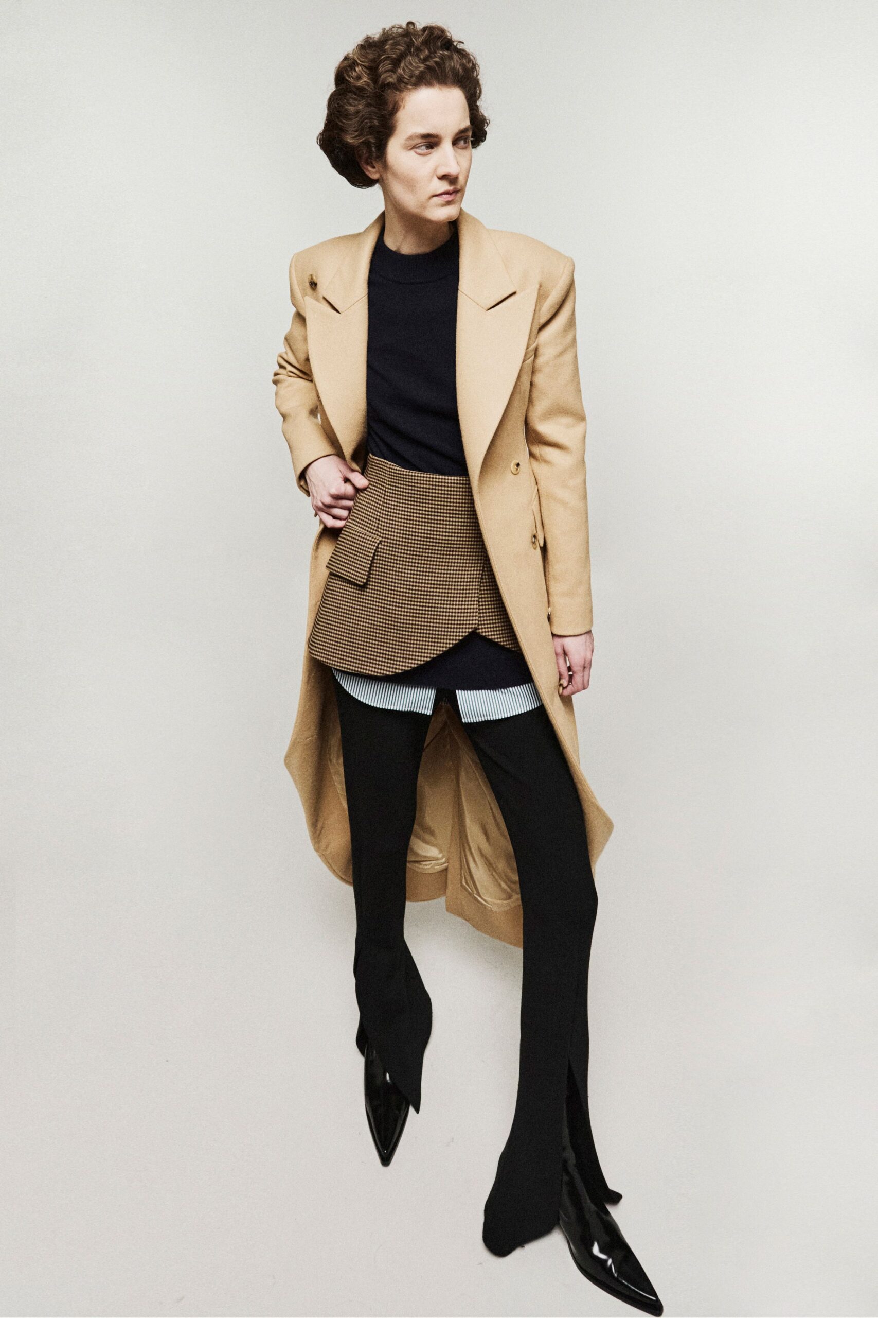 beige wool long-sleeve collared tailored pockets maxi coat