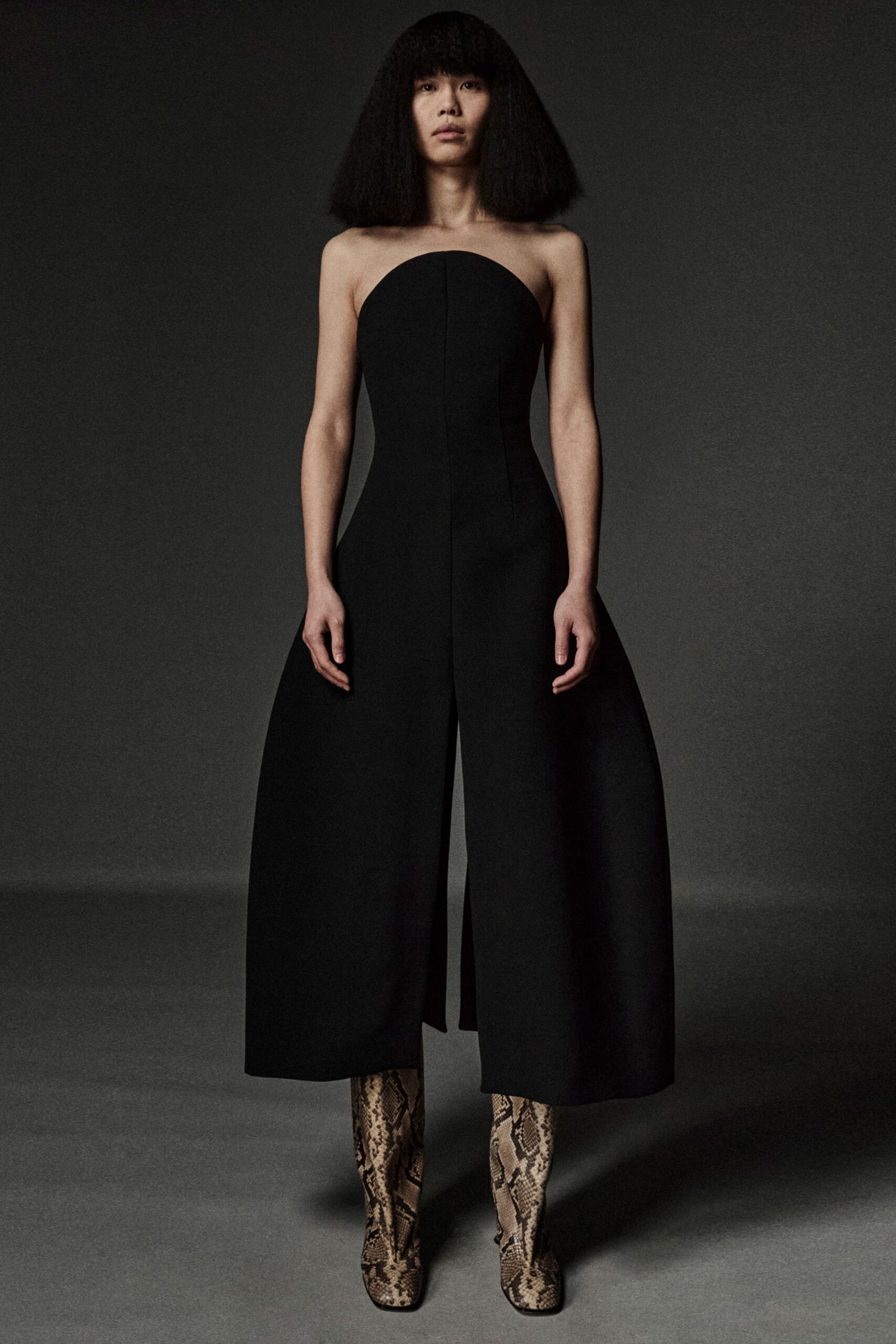 black wool strapless v-neck fitted draped jumpsuit
