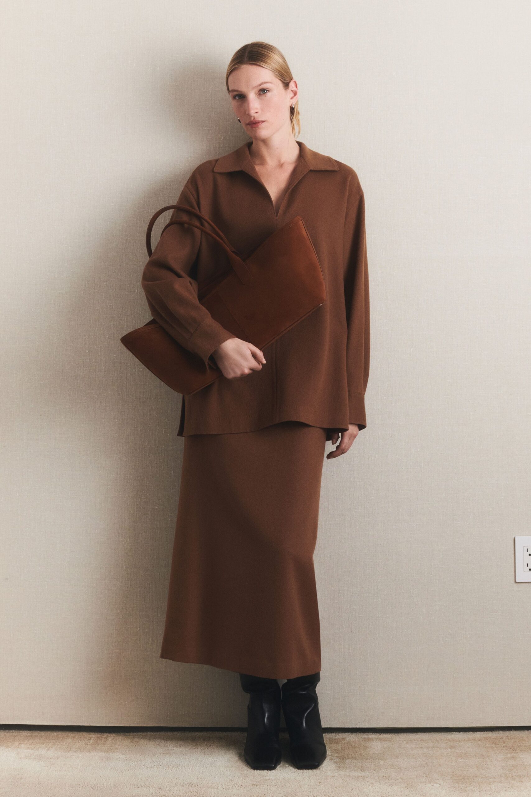 brown wool long-sleeve collared relaxed shirt