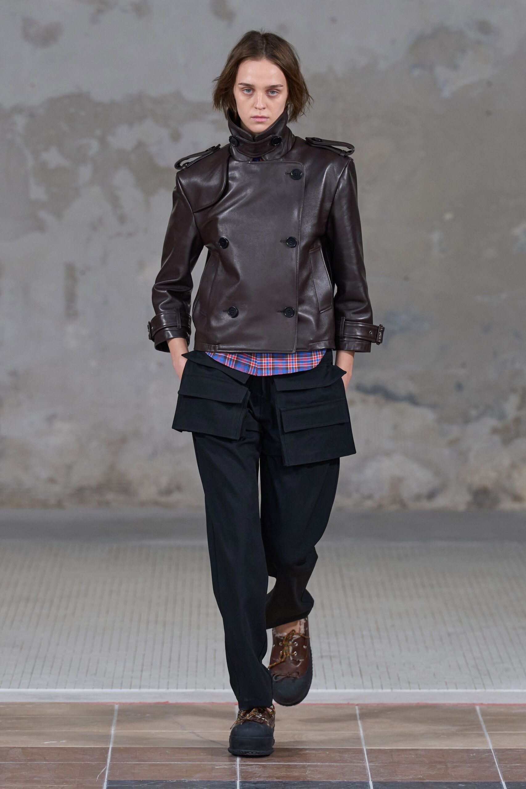 brown leather long-sleeve double-breasted structured jacket
