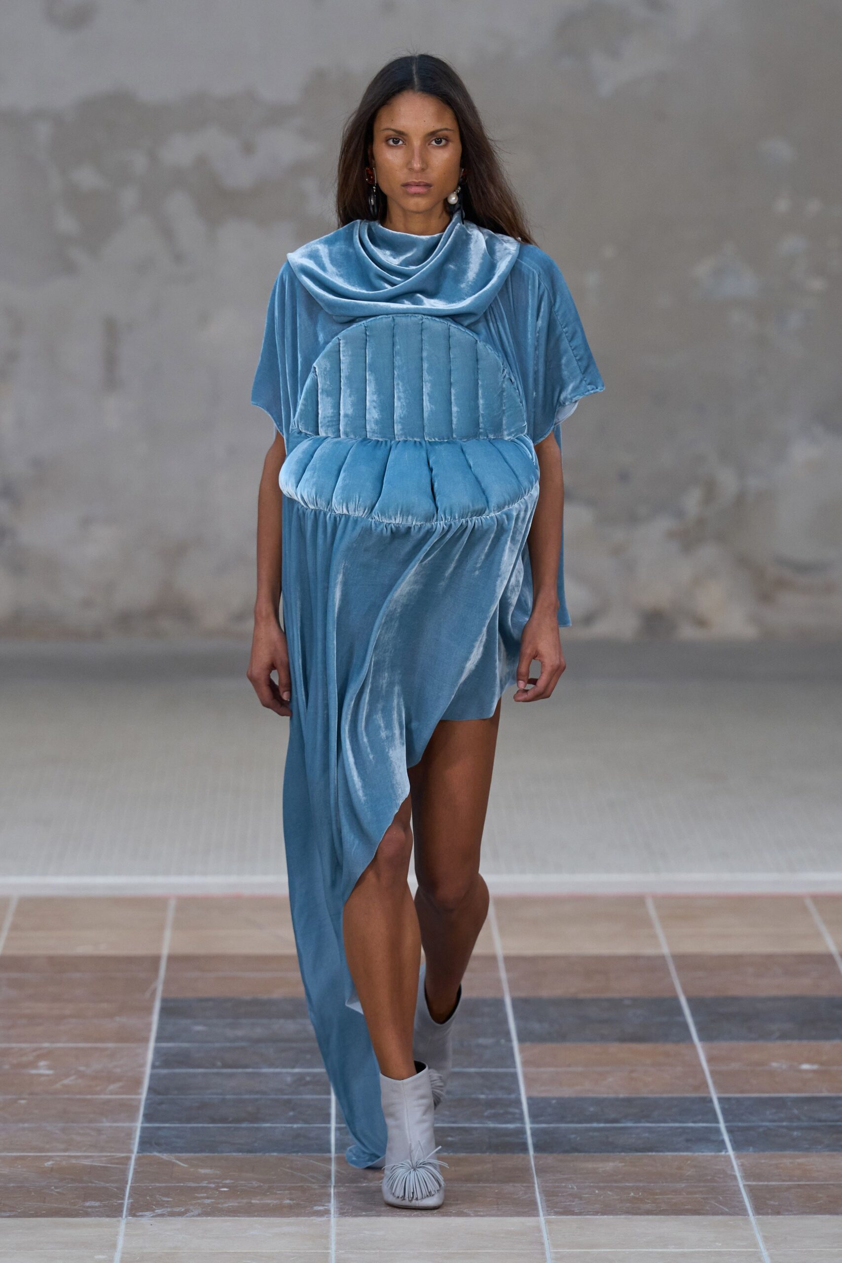 blue velvet sleeveless asymmetric fitted draped flowing dress
