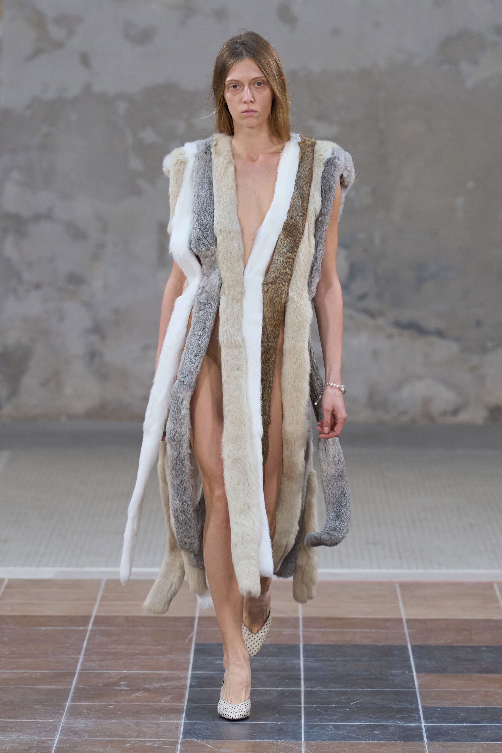 brown fur sleeveless v-neck fitted draped dress