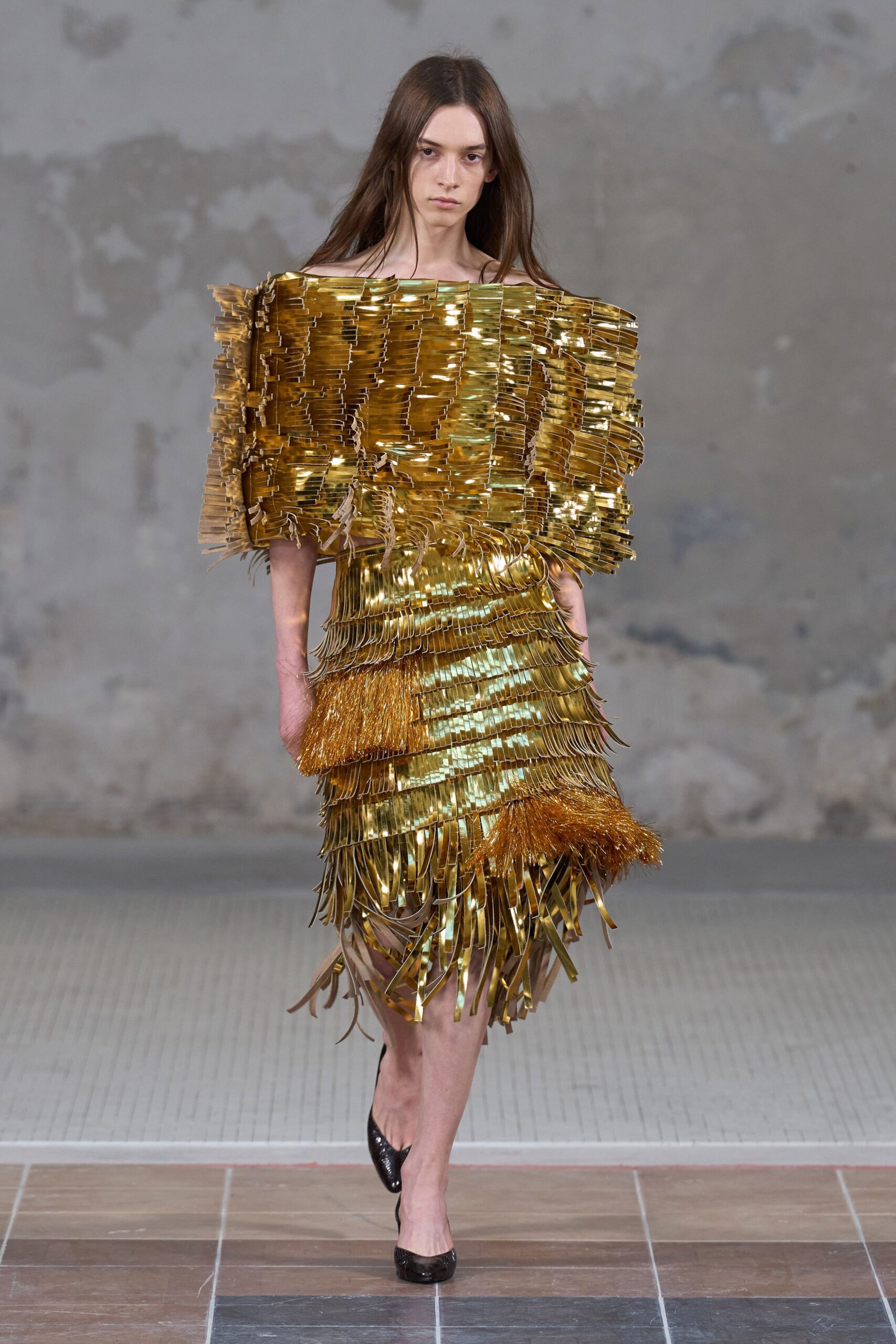 gold metallic sleeveless fitted fringed shiny dress