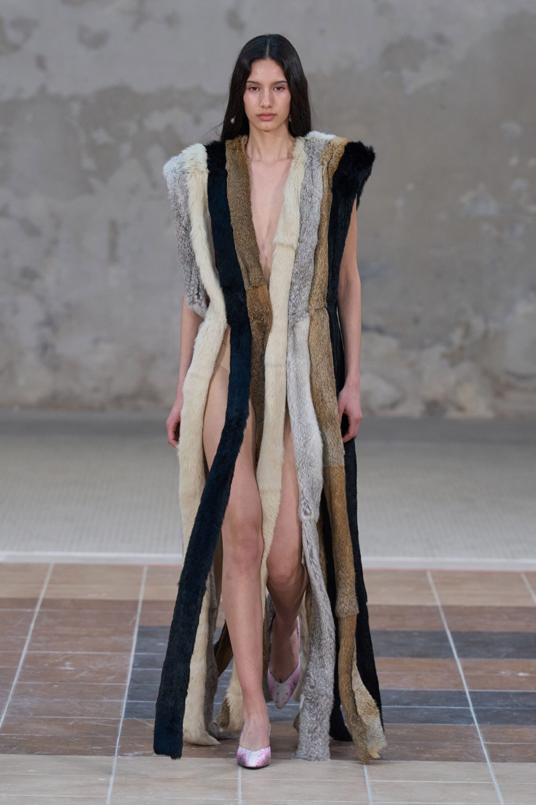 black fur sleeveless v-neck fitted layered maxi gown