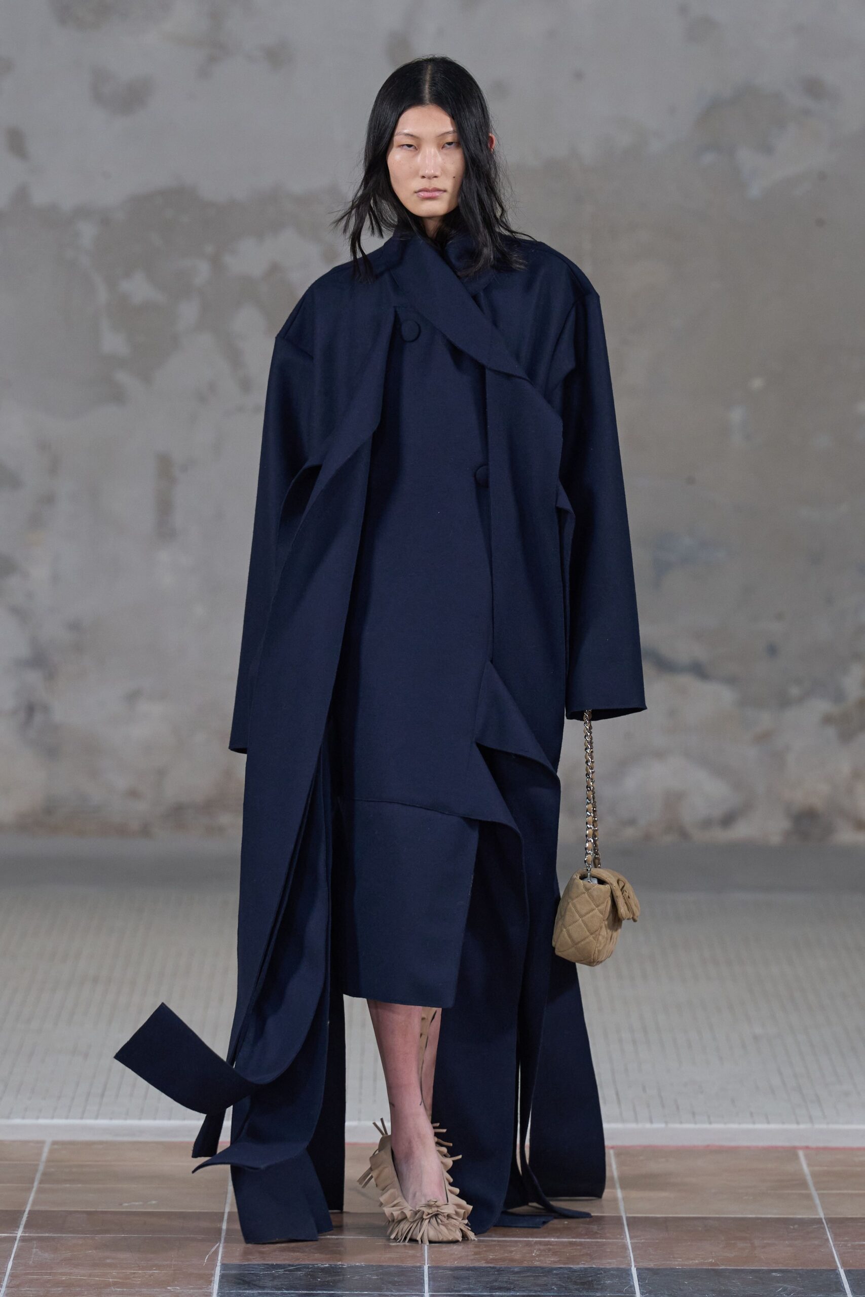 blue cotton long-sleeve v-neck relaxed draped midi dress