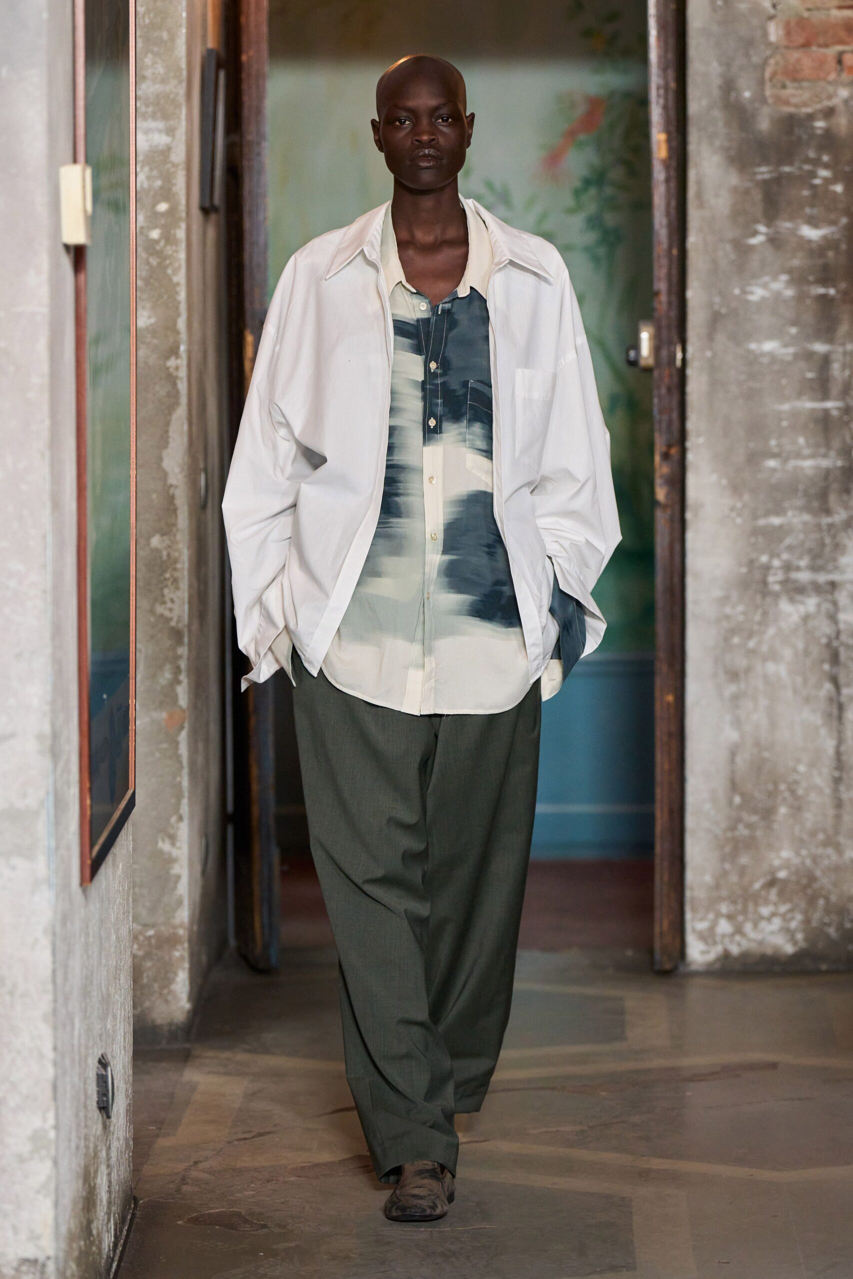 relaxed white shirt green pants