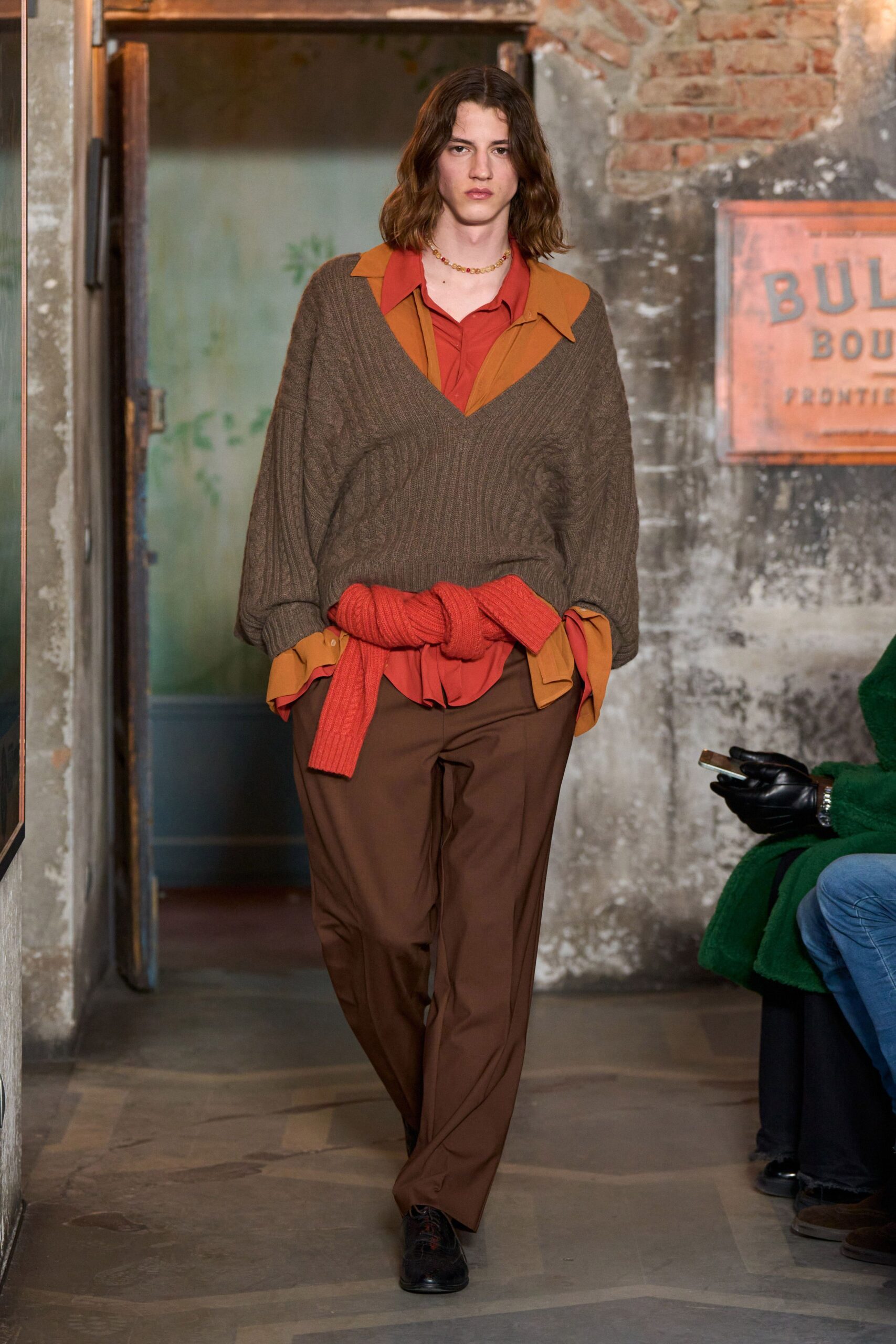 brown wool long-sleeve v-neck relaxed ribbed sweater