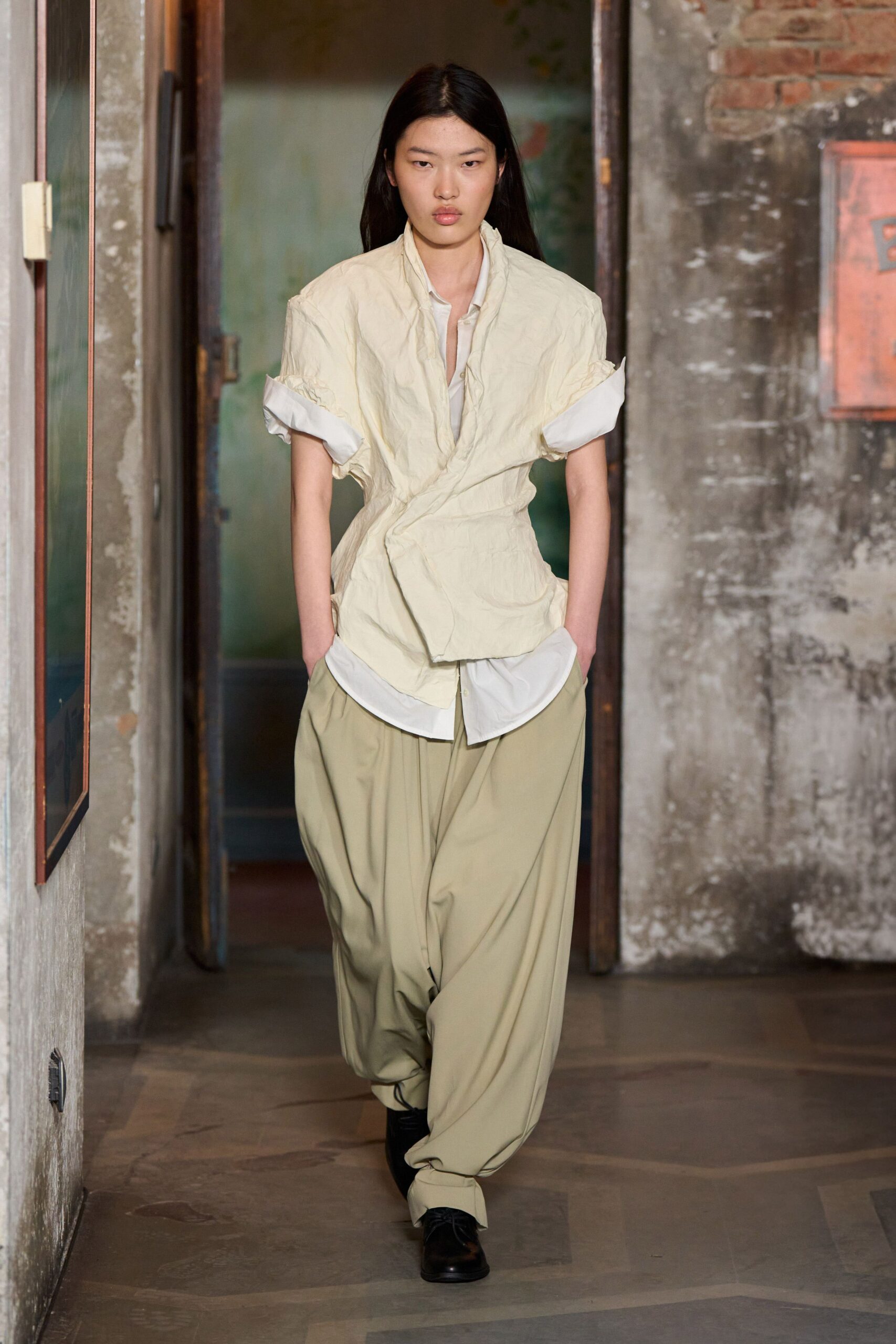 beige cotton short-sleeve collared relaxed draped top