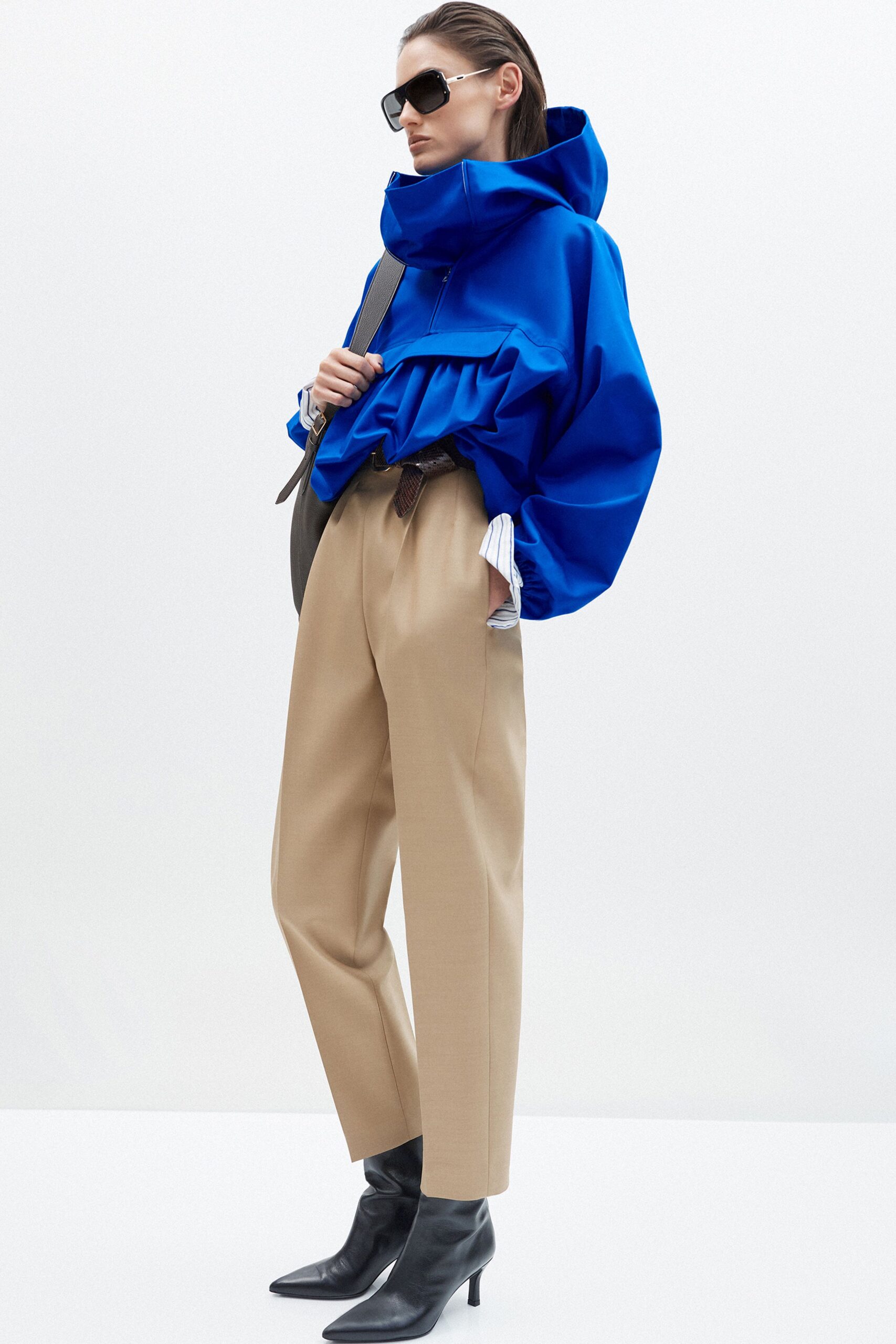 blue cotton long-sleeve hooded relaxed ruffled jacket
