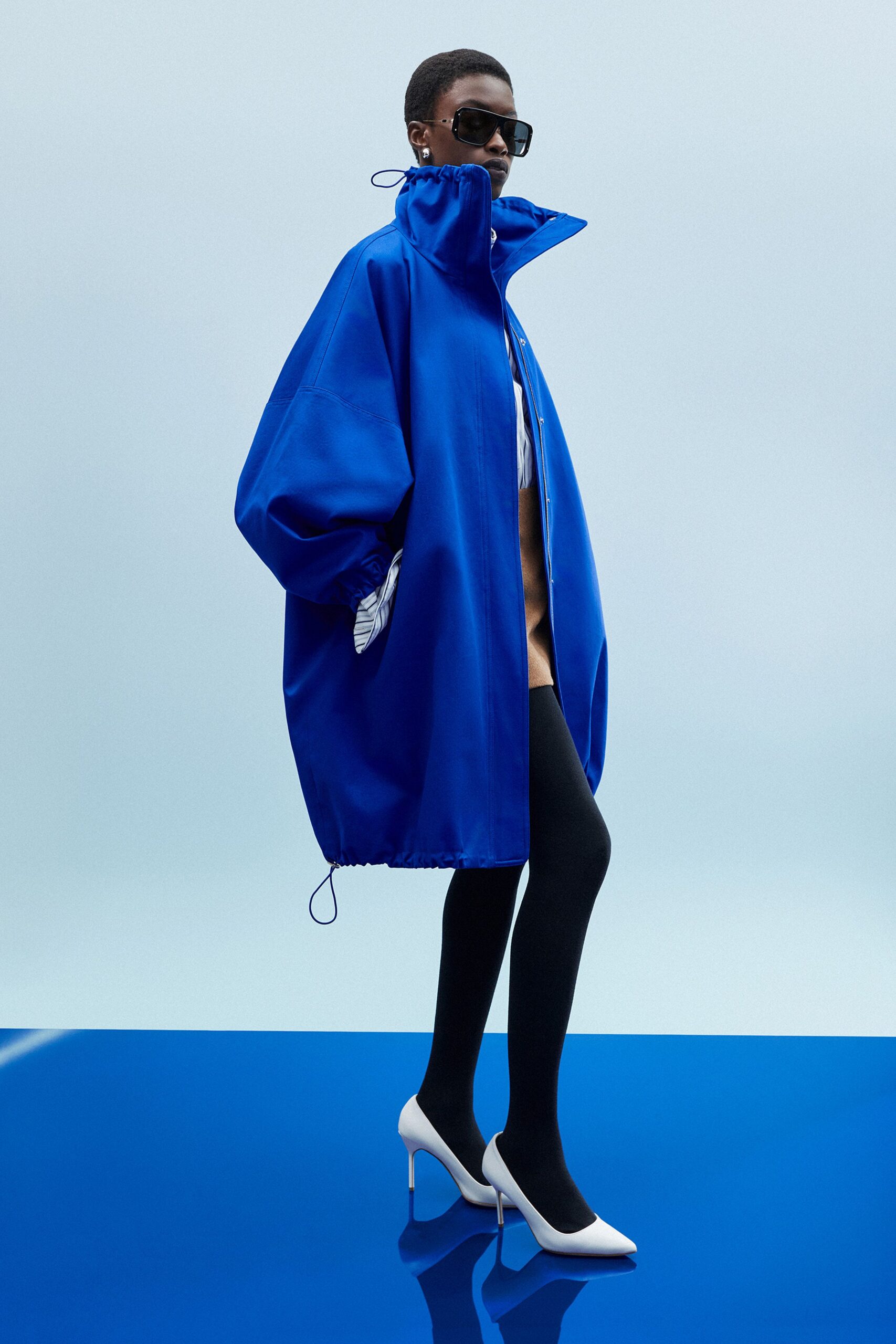 blue cotton long-sleeve high-neck oversized jacket