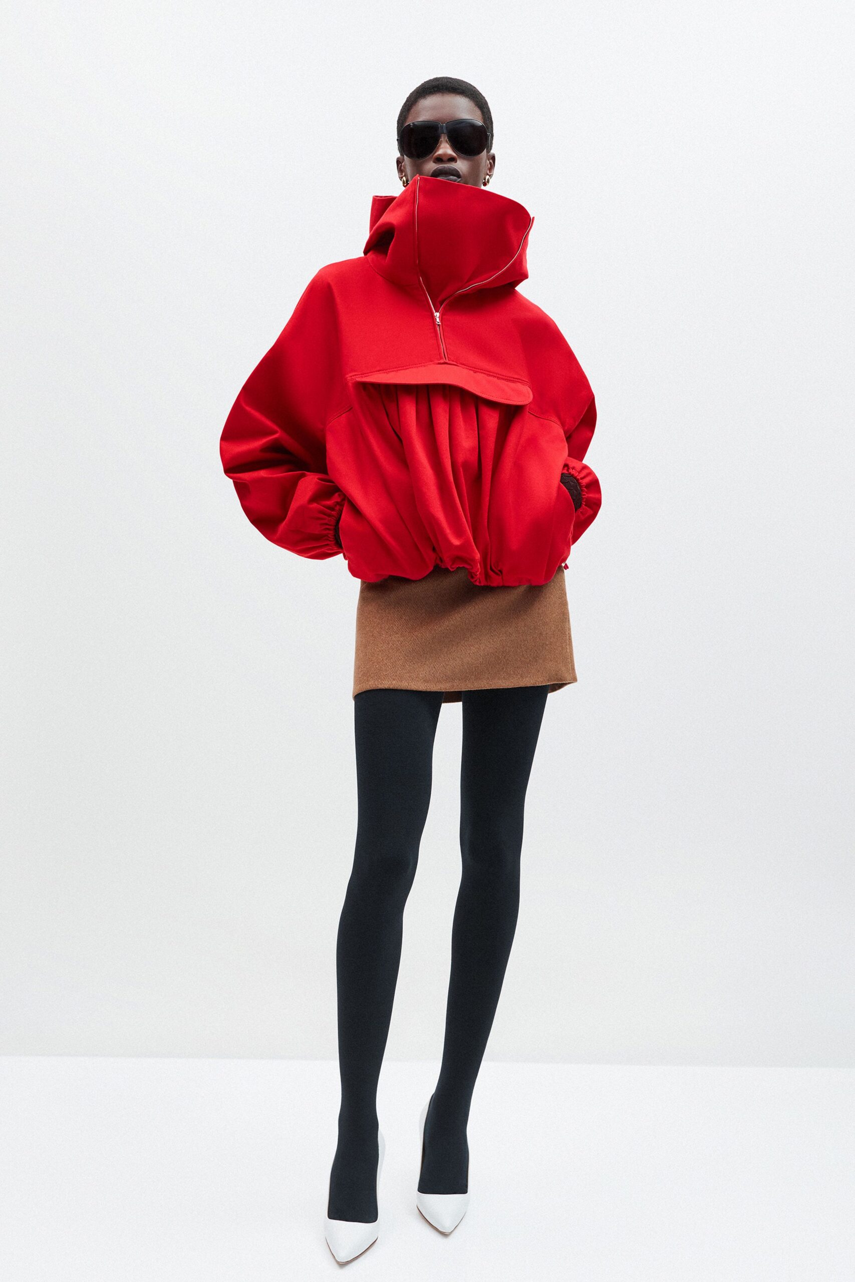red cotton long-sleeve high-neck relaxed pleated hoodie