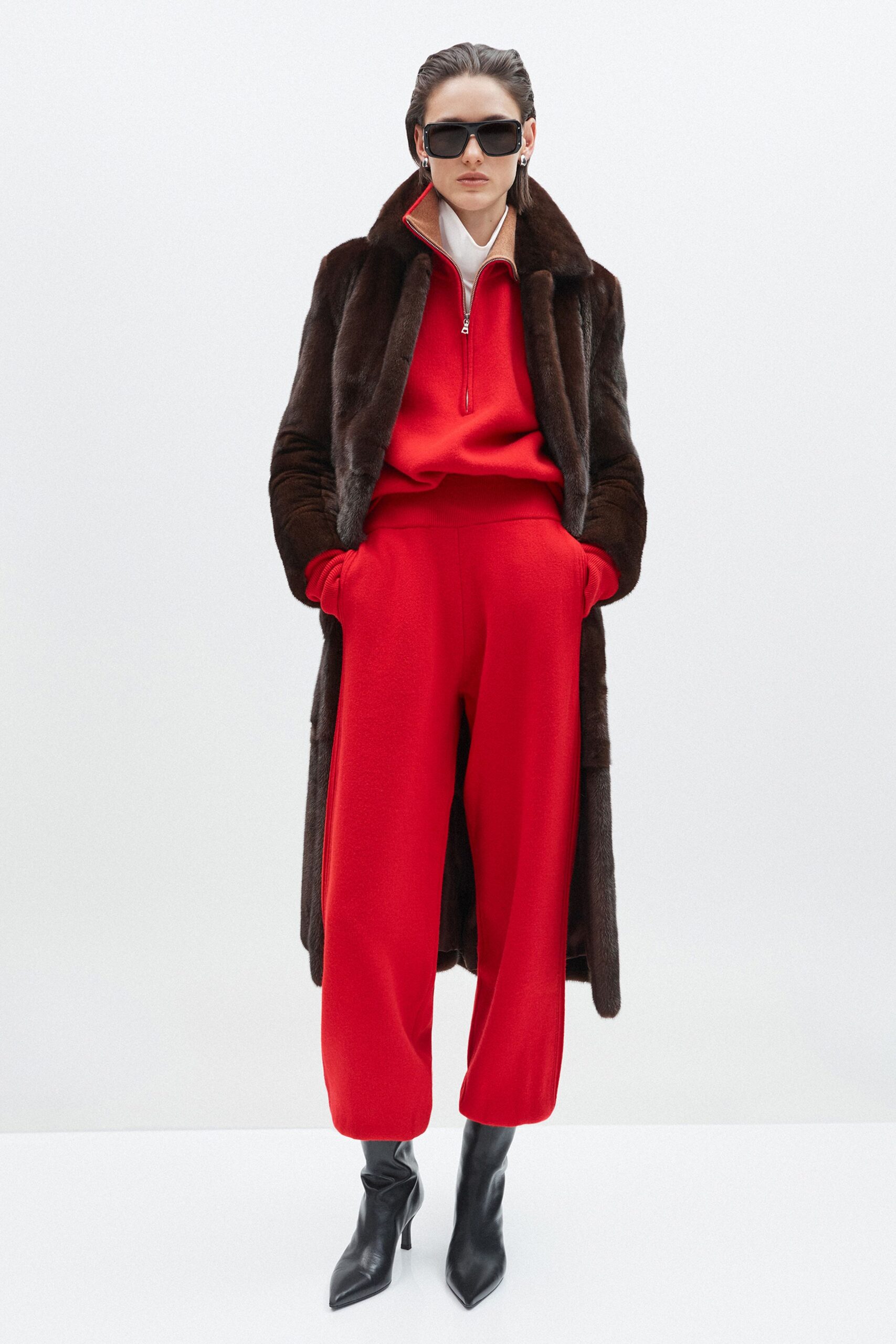 brown faux-fur coat with red outfit