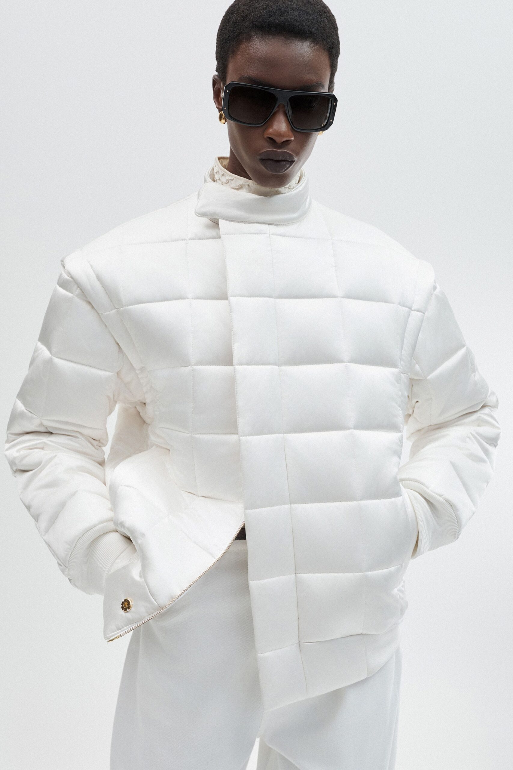 white silk long-sleeve oversized padded jacket