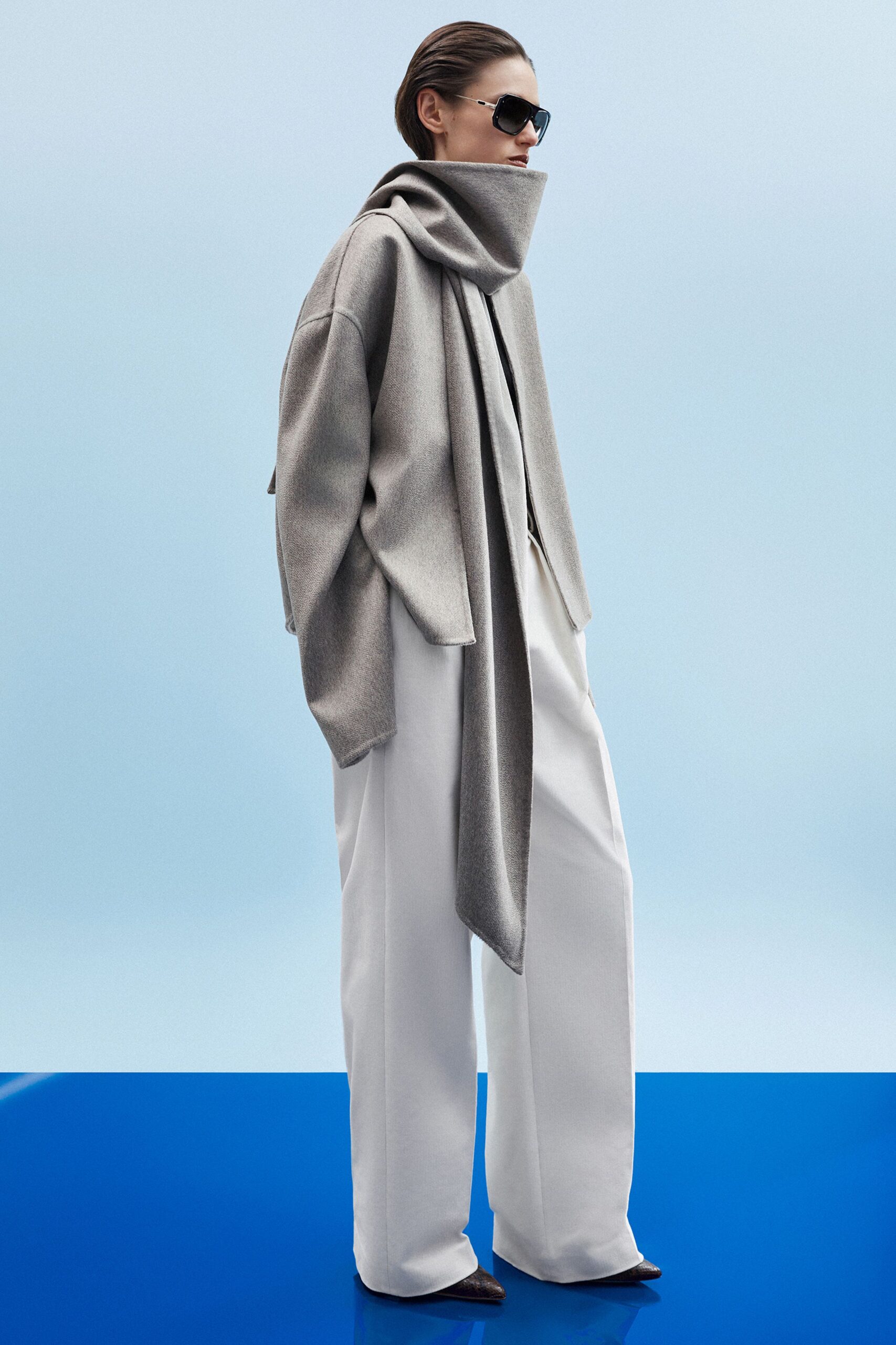 gray wool long-sleeve high-neck relaxed layered top