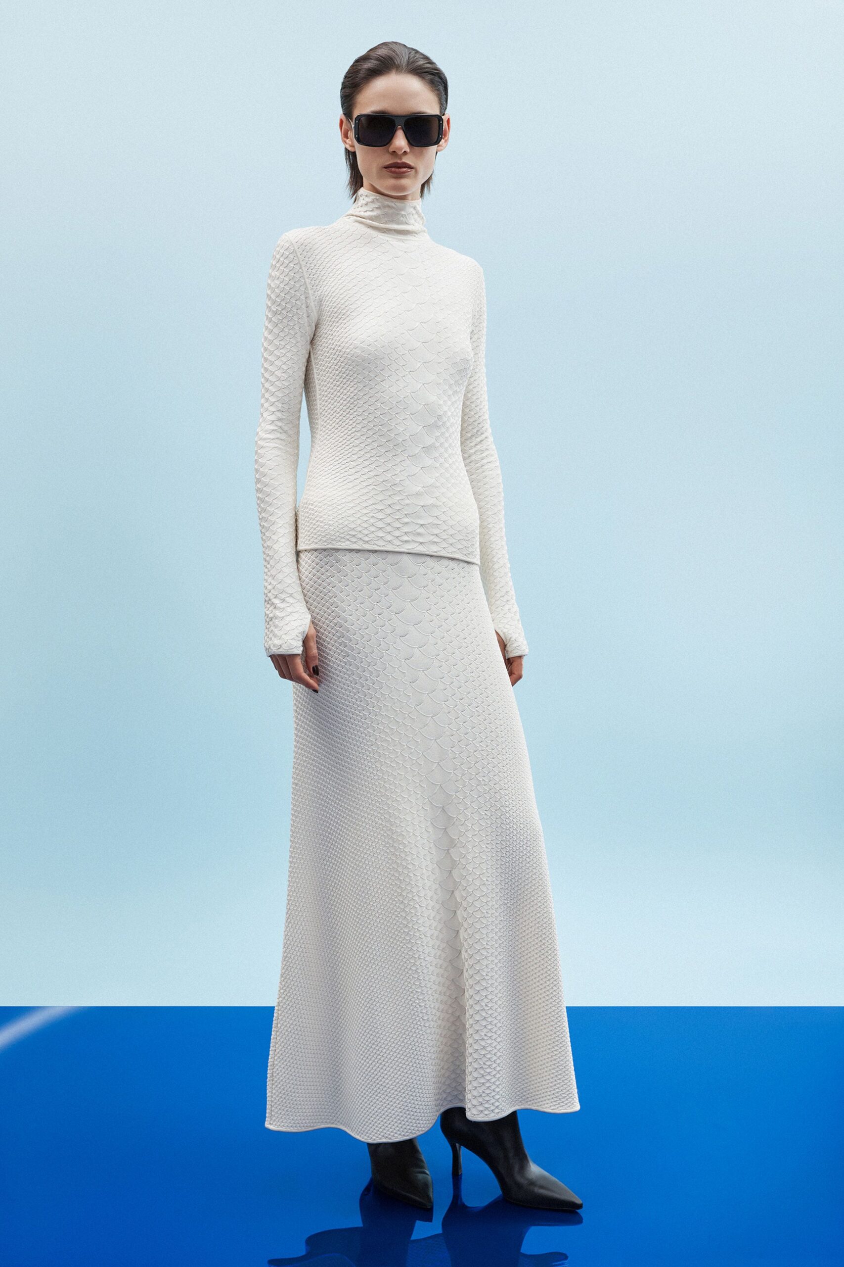 white knit long-sleeve turtleneck fitted textured maxi dress