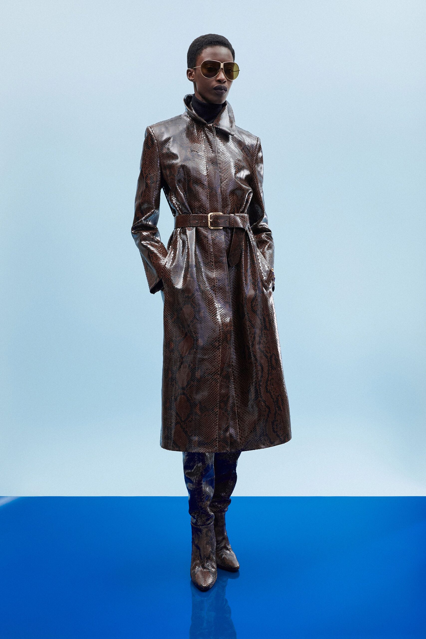 brown leather long-sleeve collared fitted belted printed coat