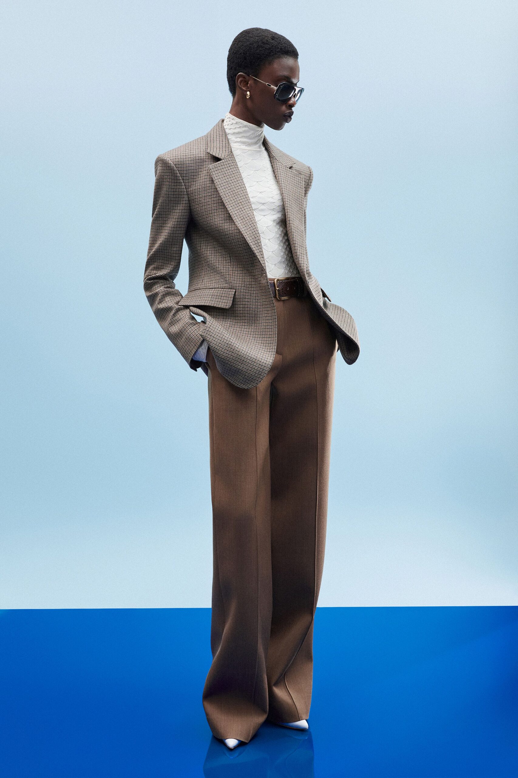 brown checked blazer with white top