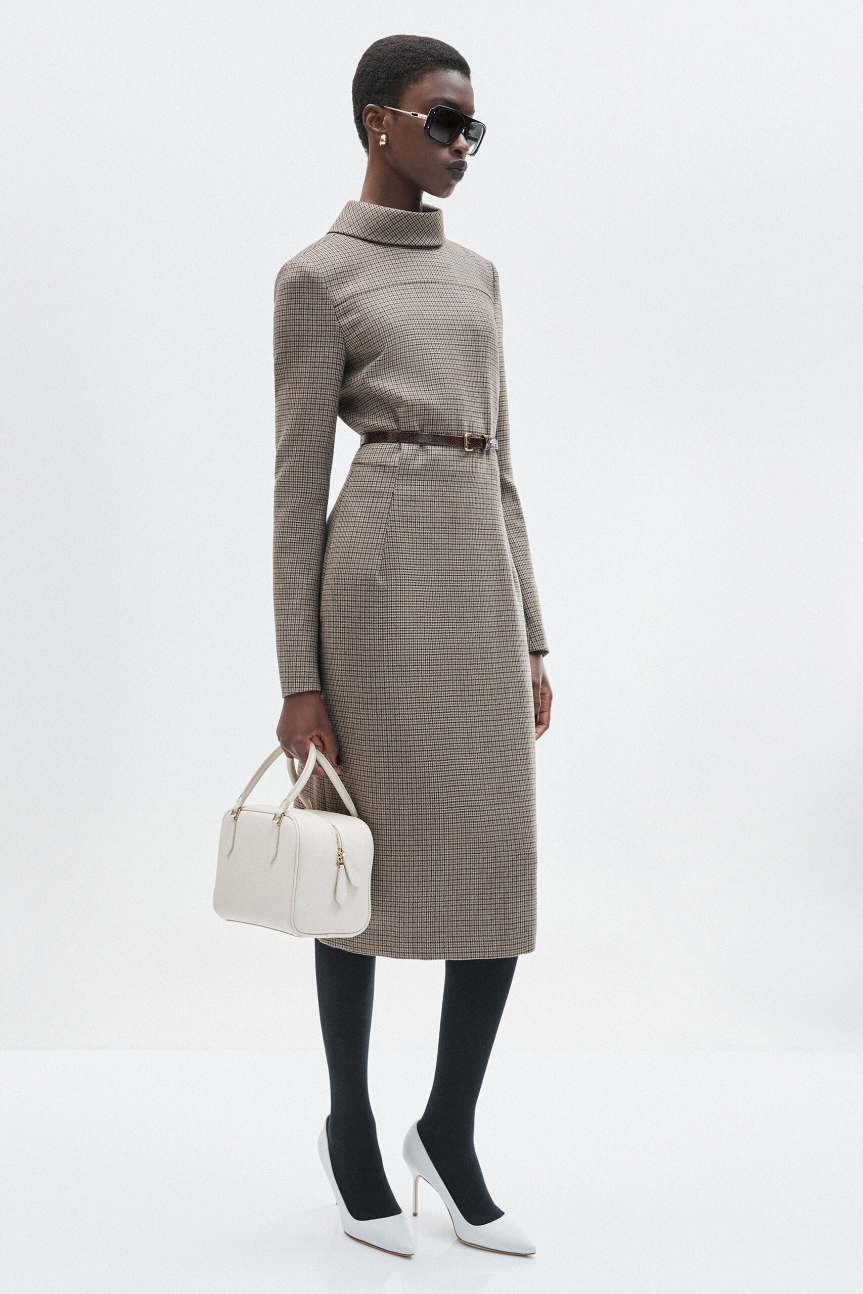 brown wool long-sleeve collared fitted pencil belted dress