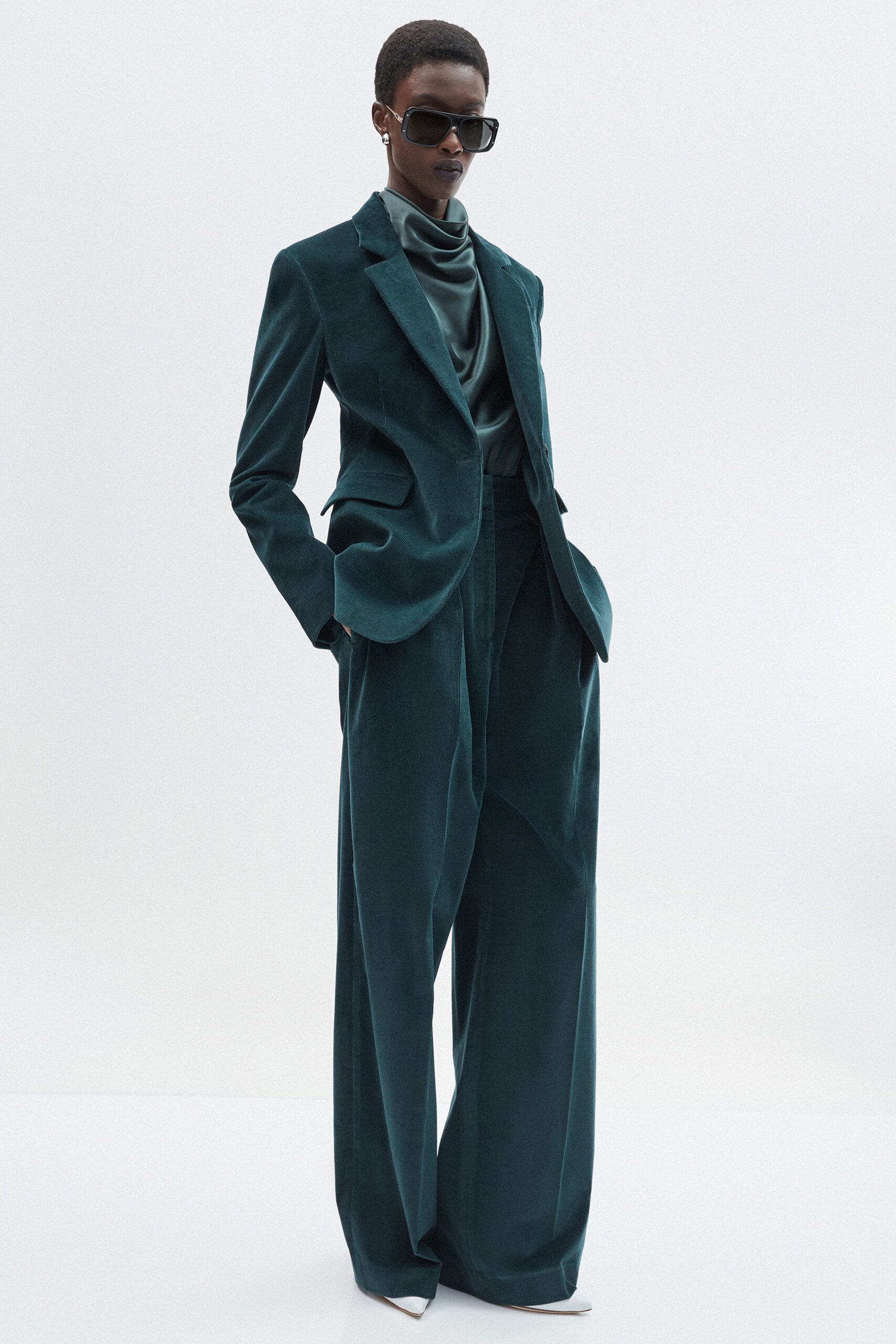 teal velvet tailored blazer and pants