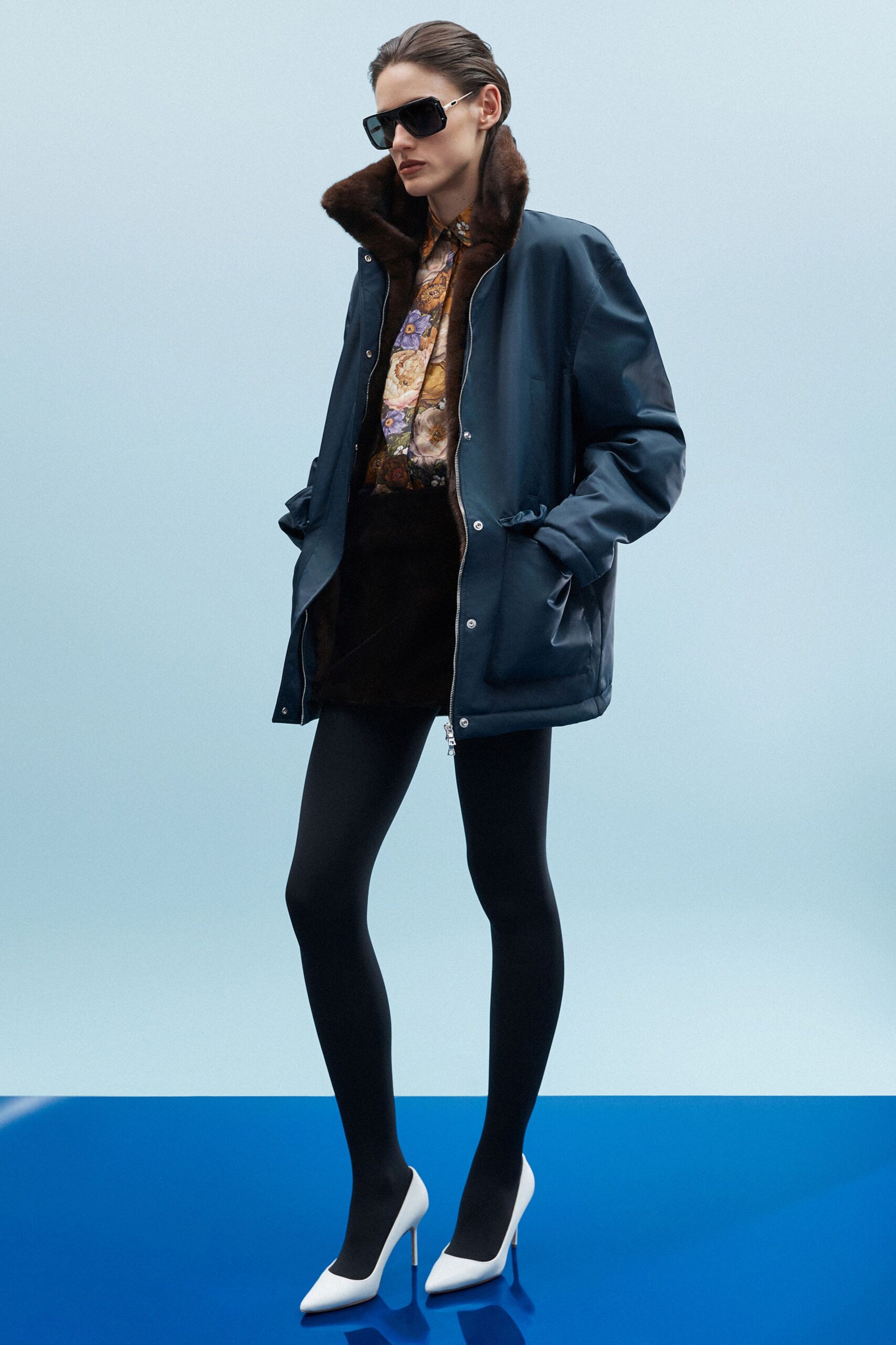 blue leather long-sleeve collared relaxed zippered jacket